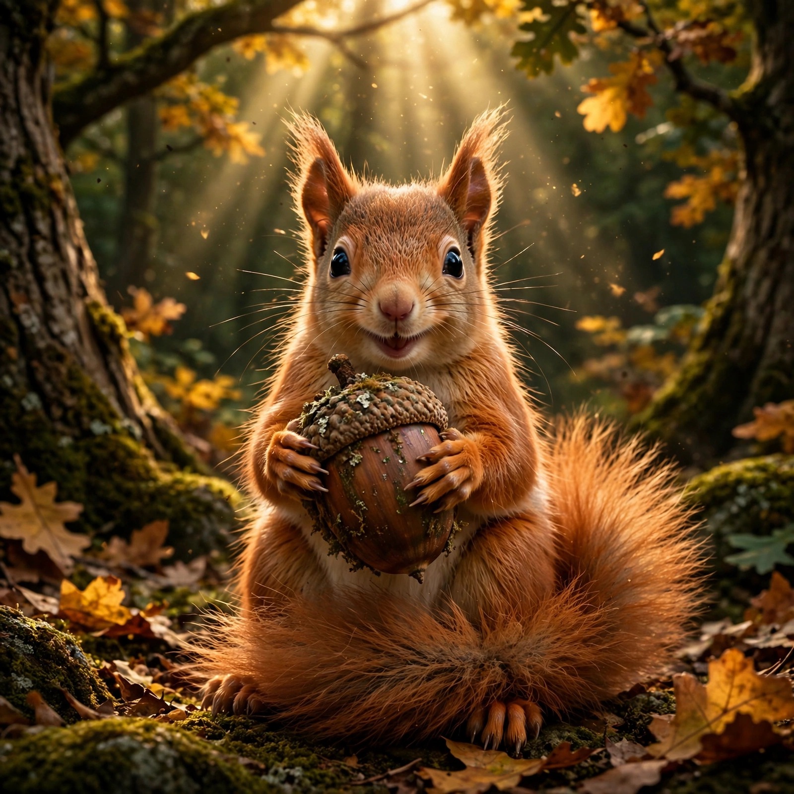 baby red squirrel holding a large acorn in an autumn oak forest