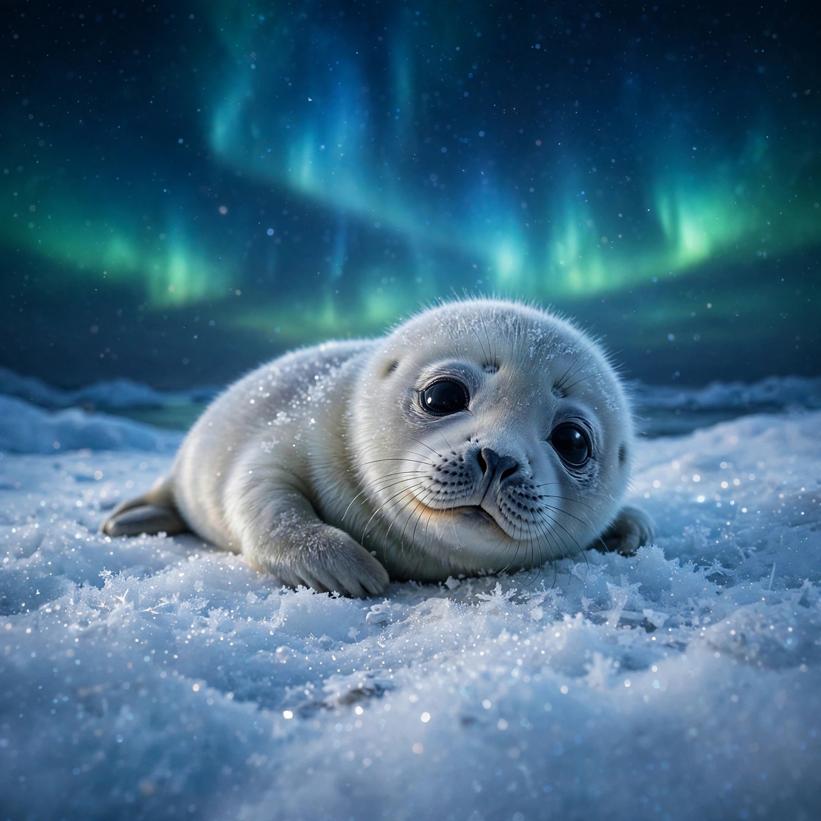 adorable baby seal pup on snow under aurora cute dp
