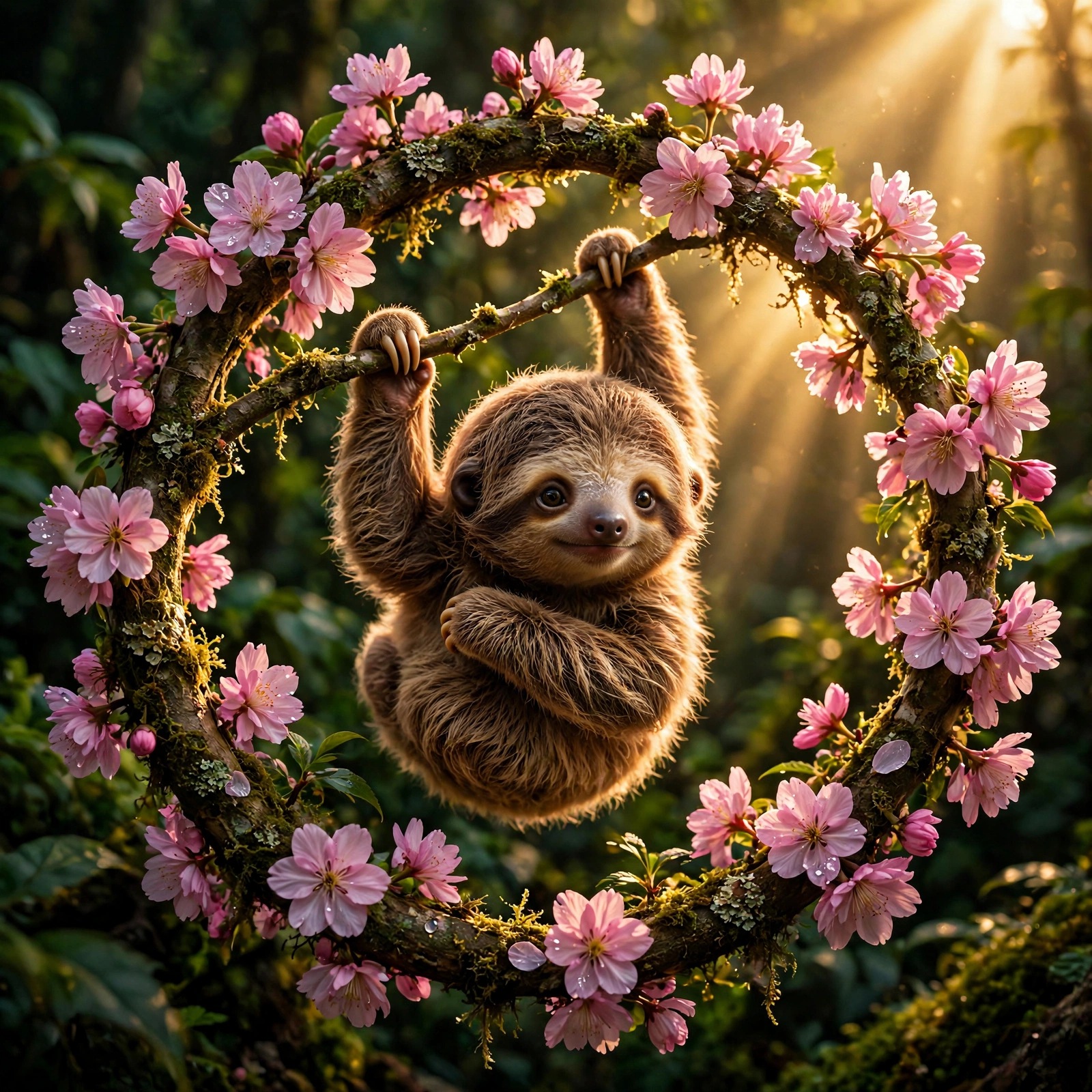 Baby sloth hanging from a blossom branch profile picture