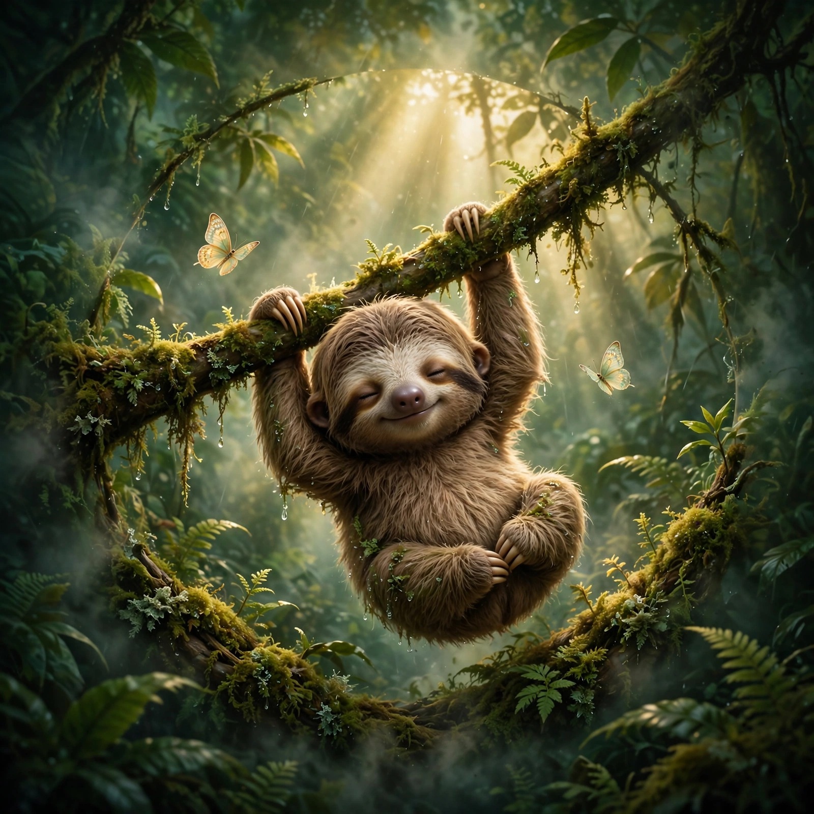 baby sloth with soft brown fur and a sleepy smile hanging from a mossy rainforest branch in golden morning mist with butterflies. cute dp