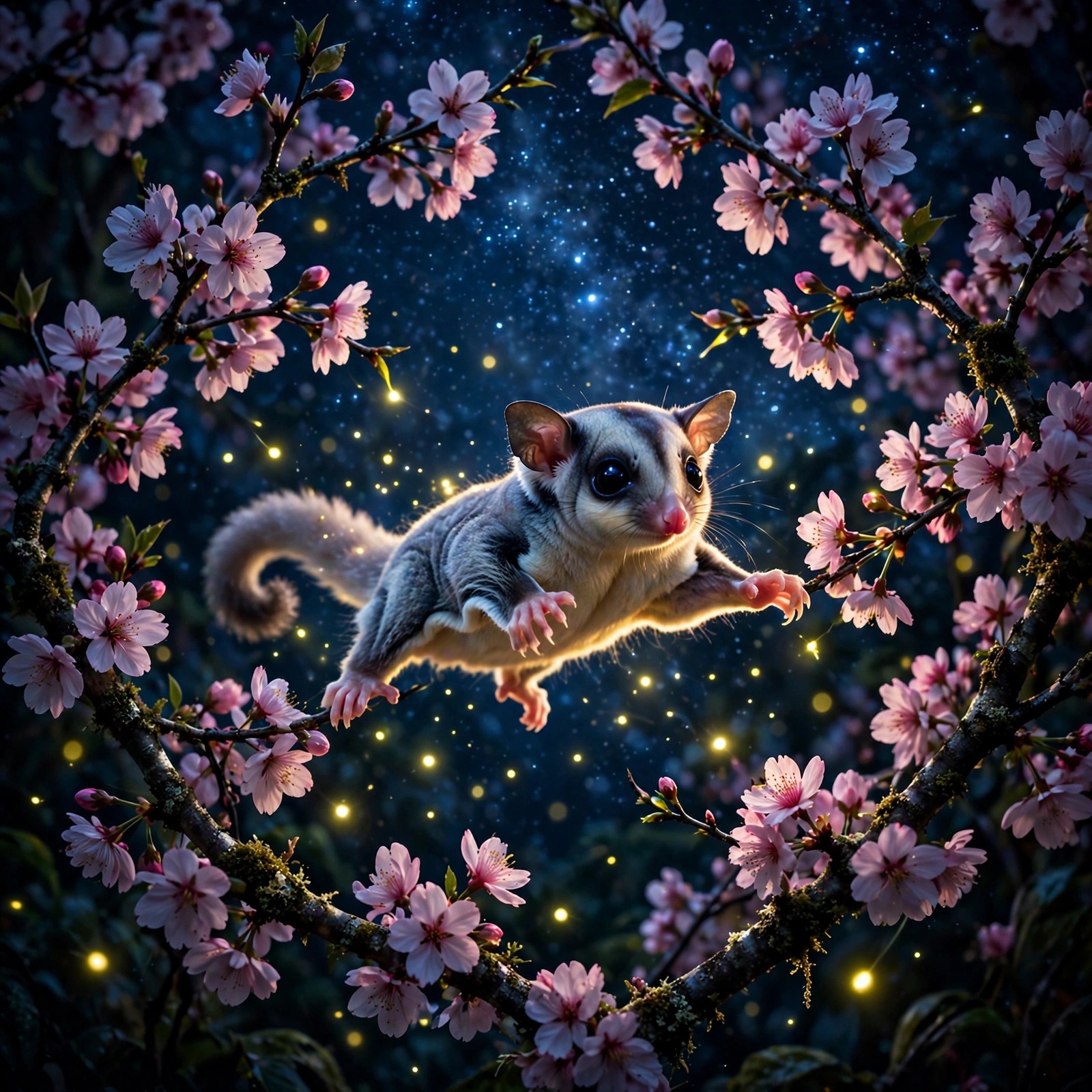 Baby sugar glider among blossoms at night profile picture