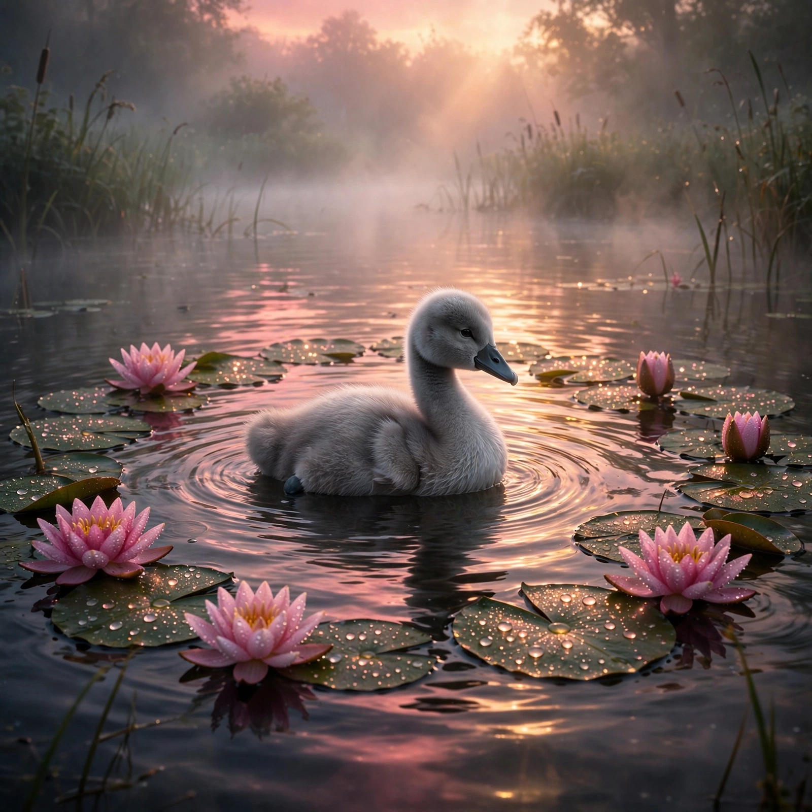 Fluffy grey baby swan floating on a misty lake at dawn among water lilies, cute profile DP
