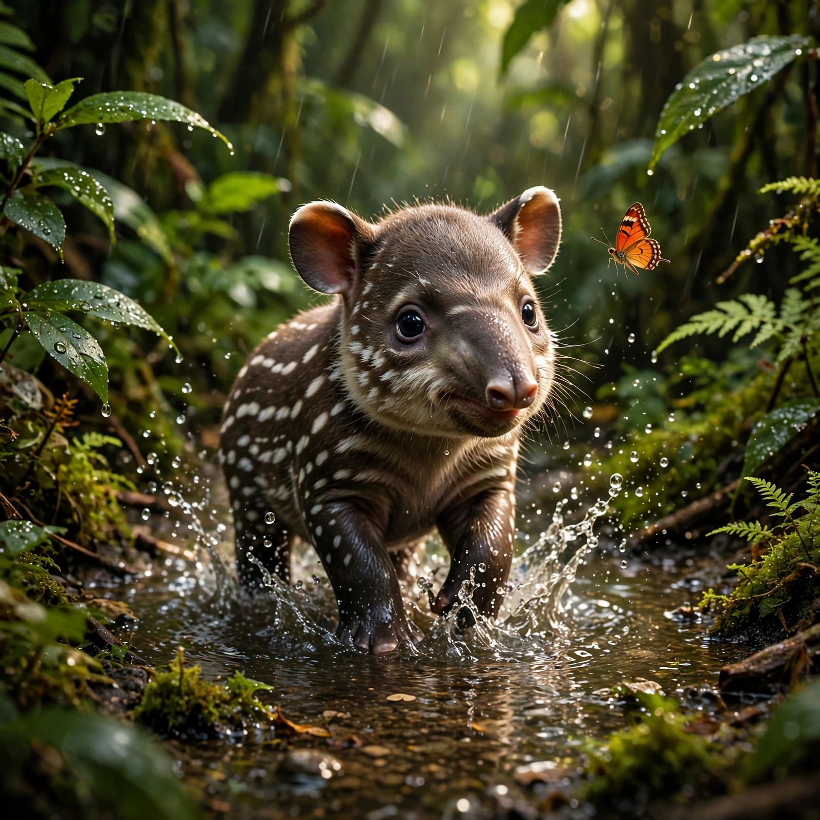 baby tapir splashing in a rainforest puddle with a butterfly cute dp