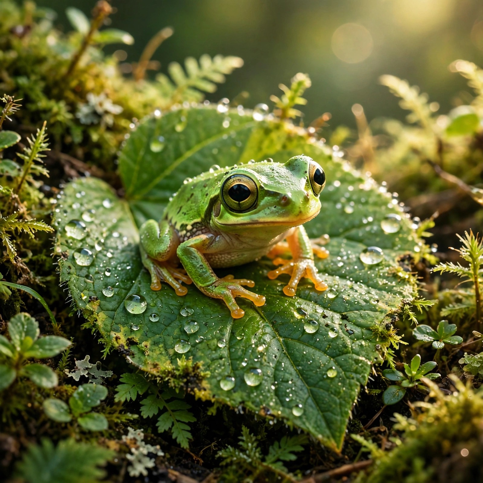 Baby Tree Frog on Dewy Leaf