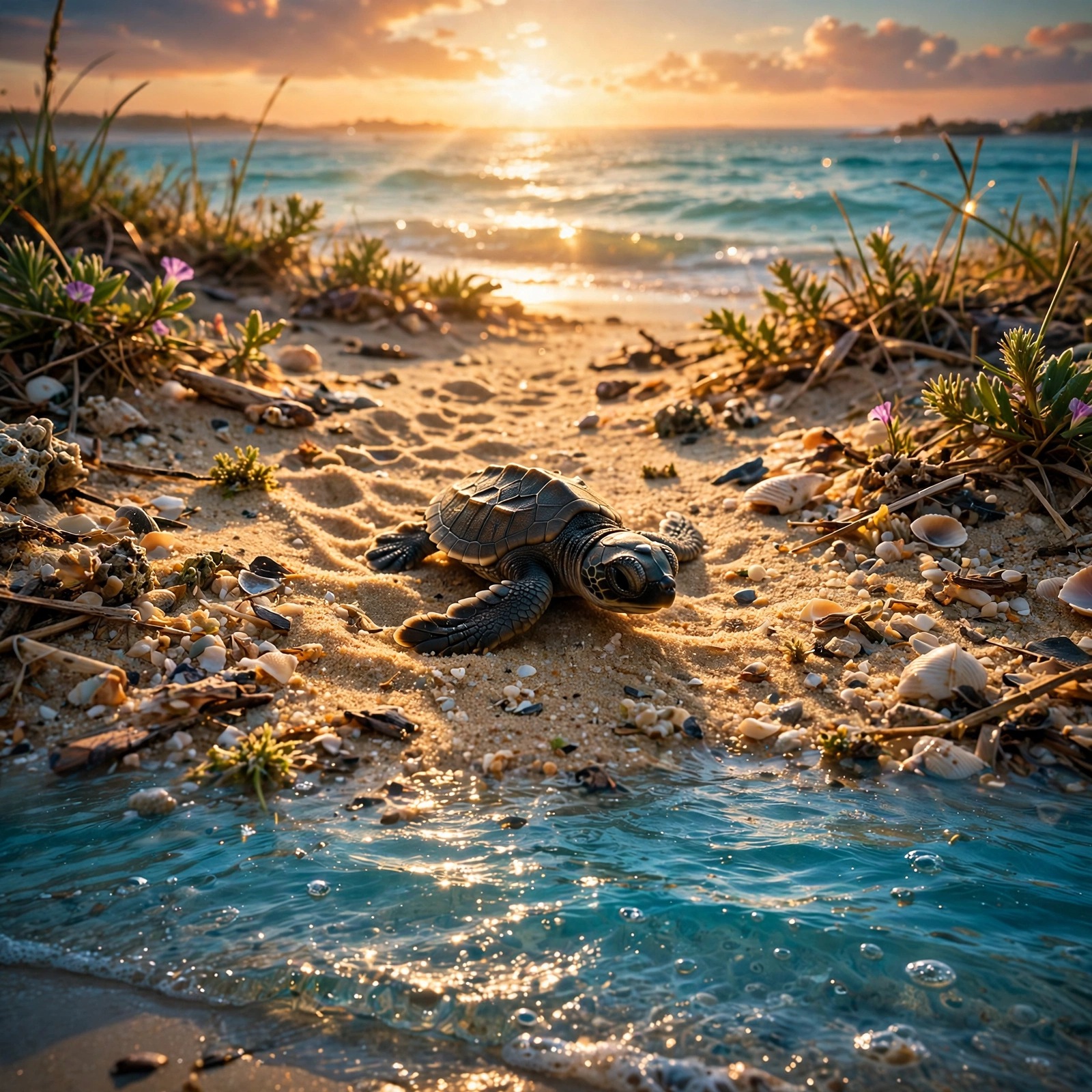 Baby Sea Turtle Hatchling on Golden Sand