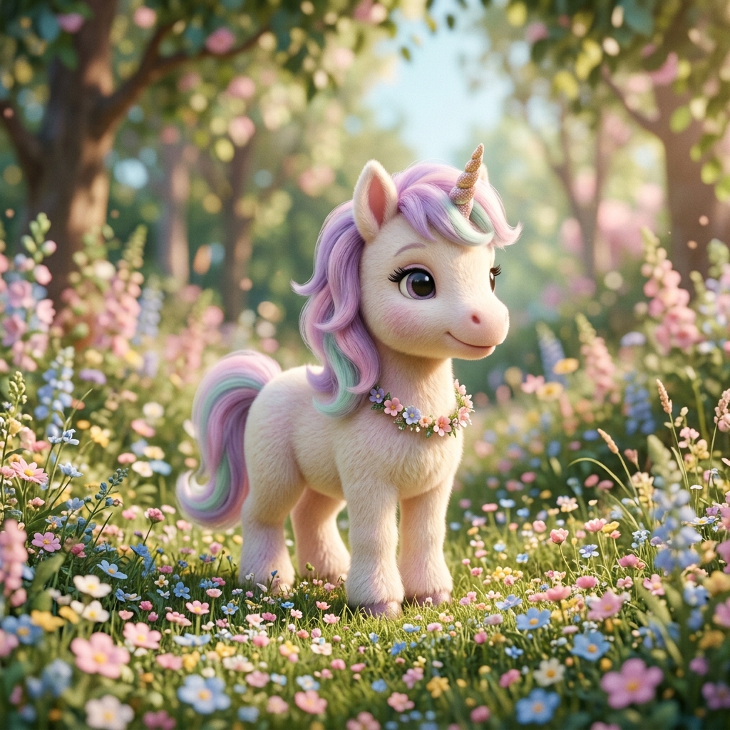 An original soft 3D baby unicorn stands in a clearing of tiny pastel flowers