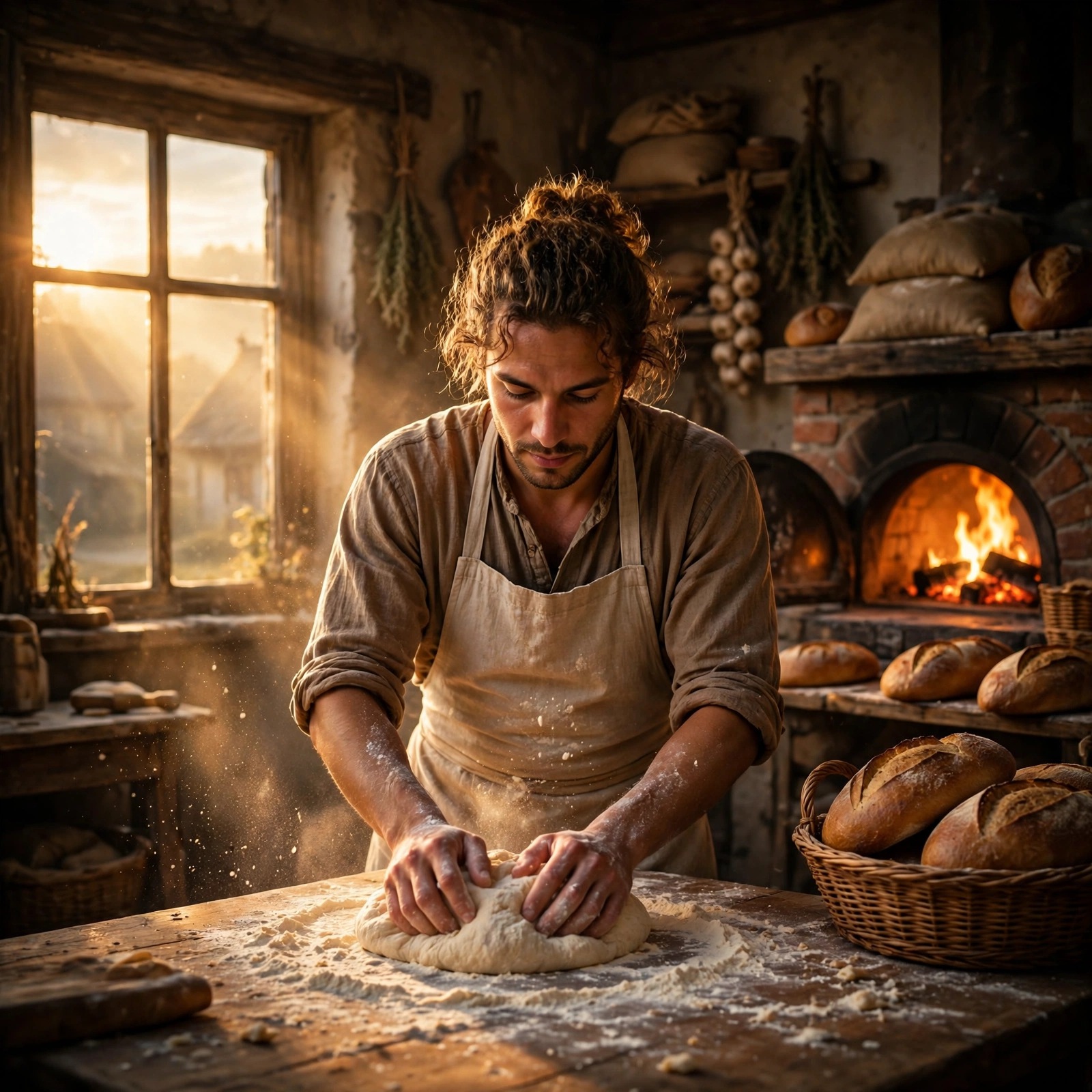 Baker Kneading Dough in a Bakery at Dawn