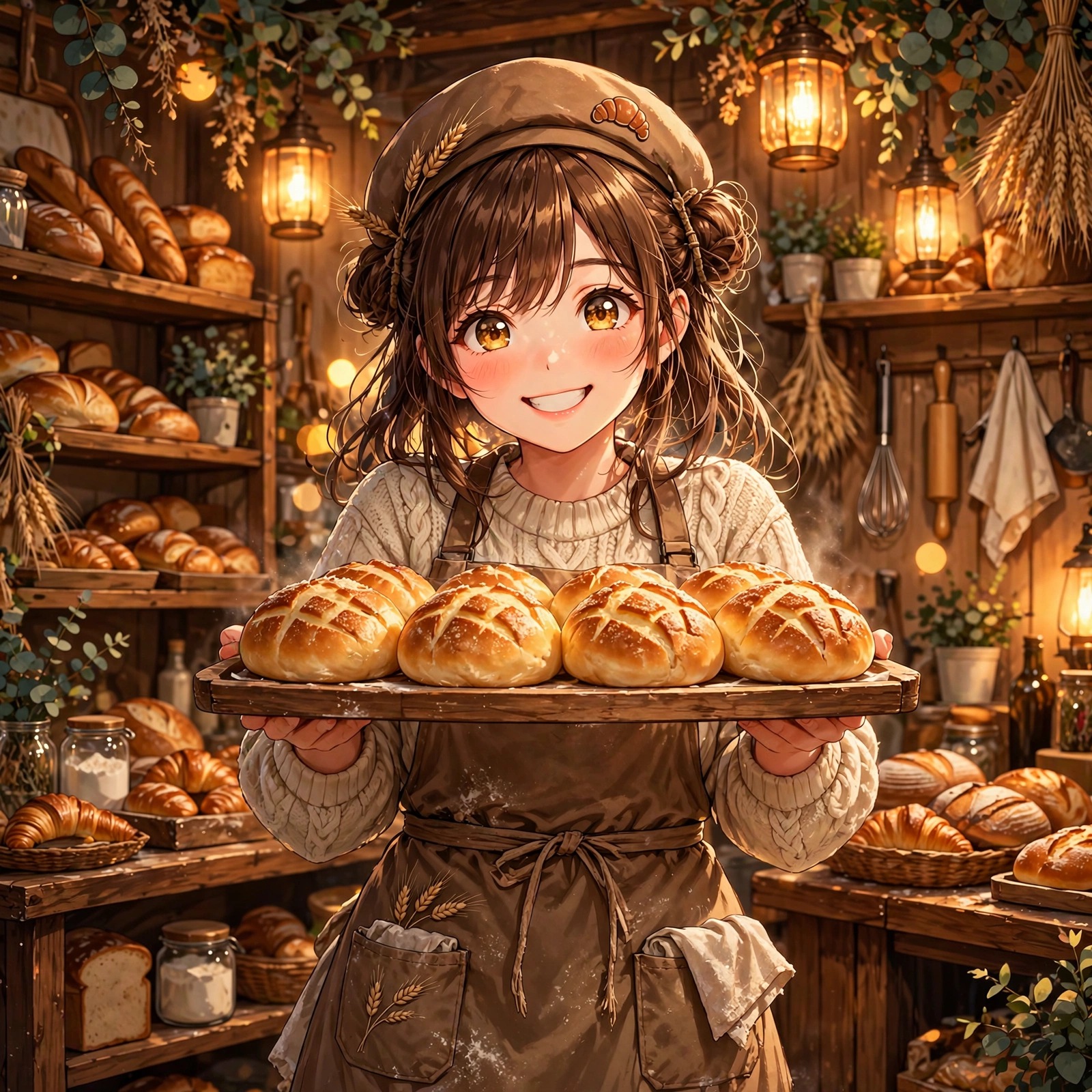 anime girl baker holding a tray of melon bread in a cozy bakery anime dp