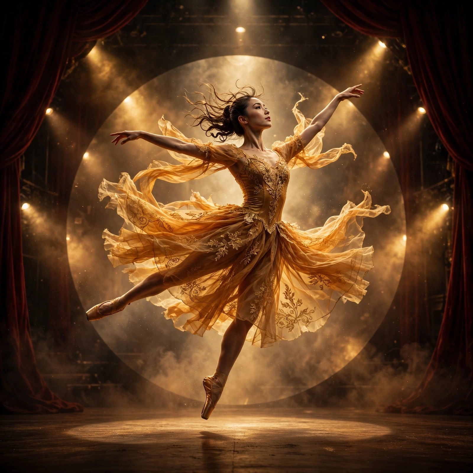 Ballet Dancer Leaping on a Golden Stage motivational WhatsApp DP