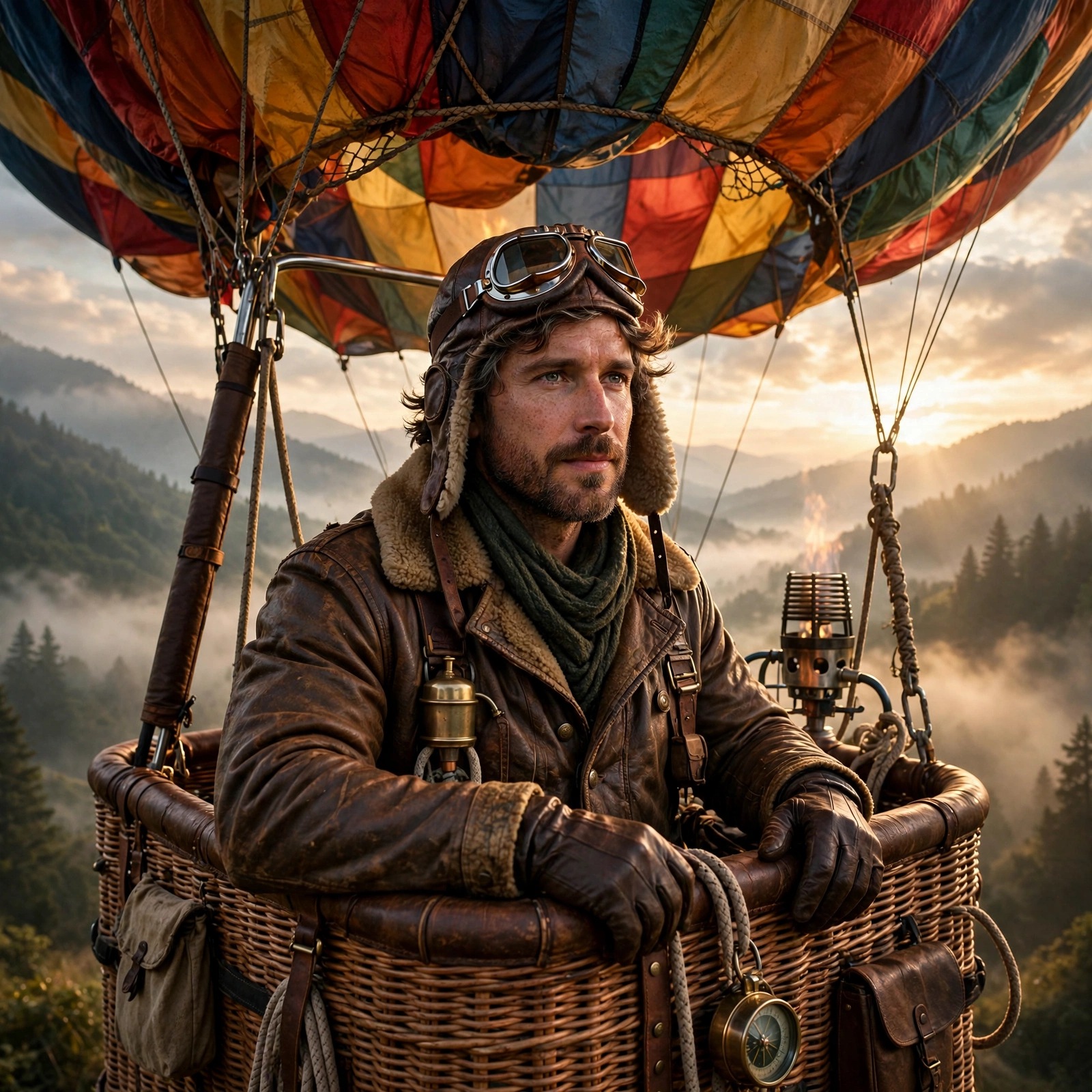 Fictional hot-air balloon pilot drifting above a misty valley at dawn, boys WhatsApp DP