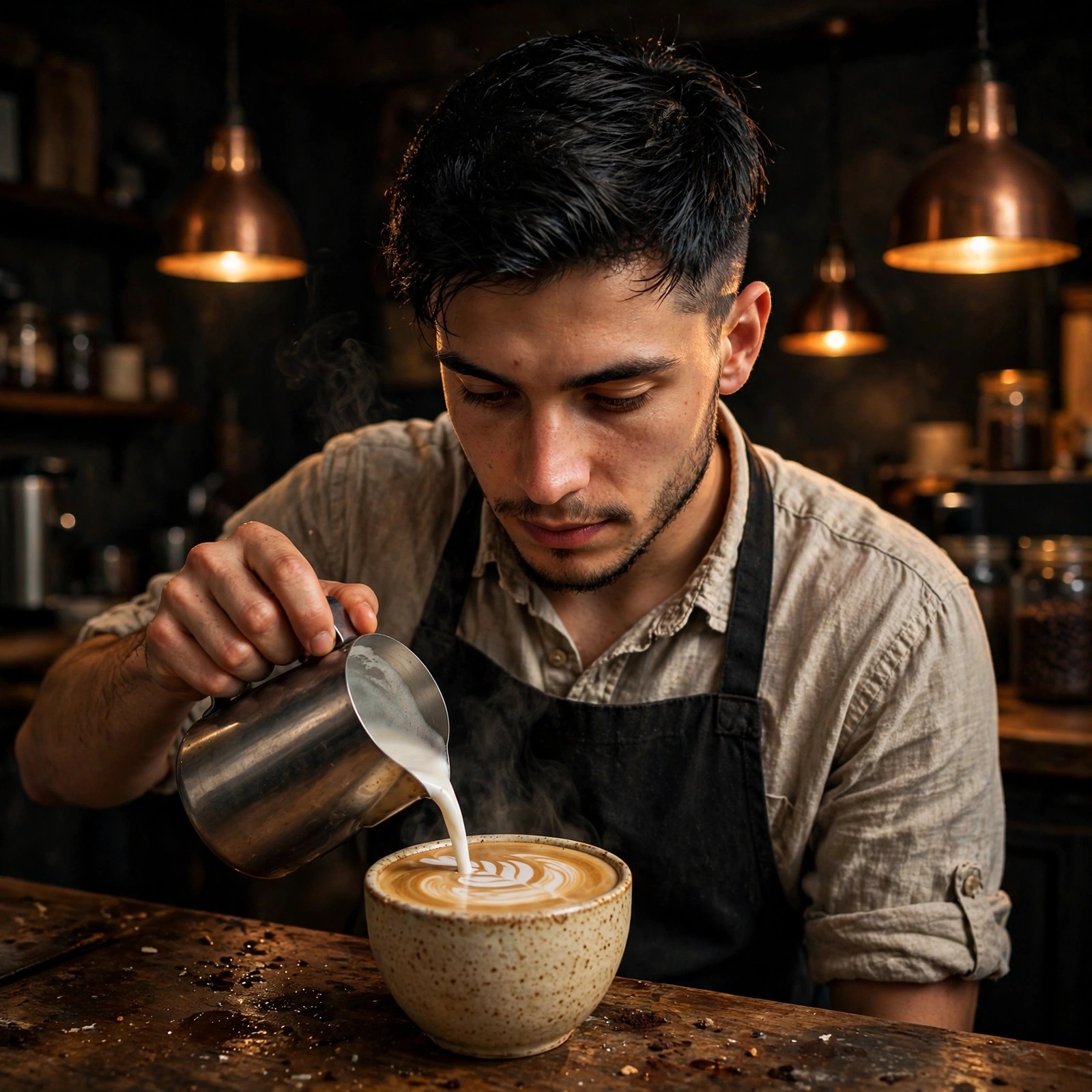 young barista pouring latte art in cafe