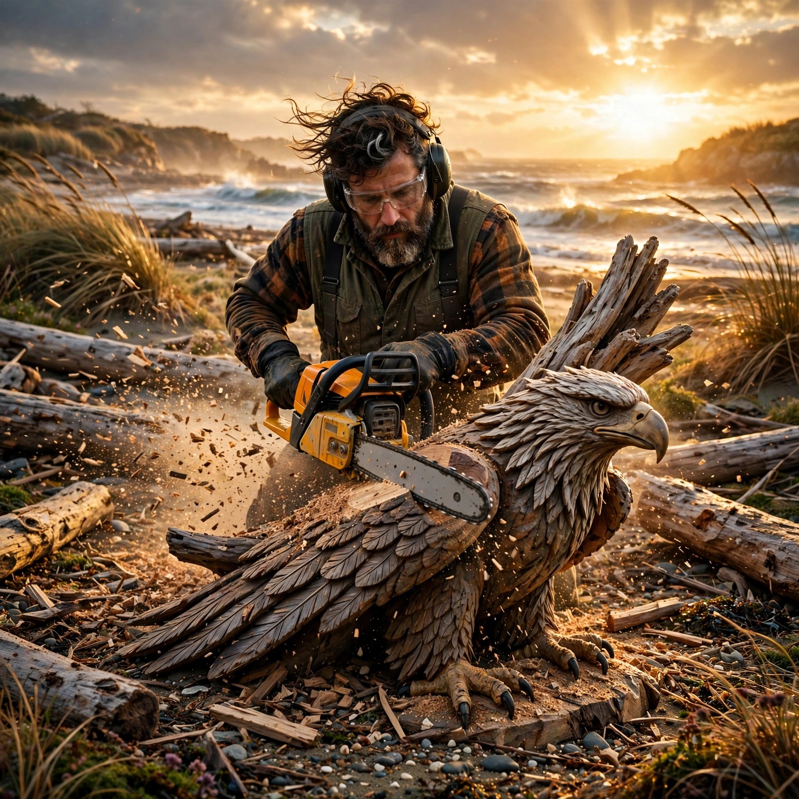 Beach Driftwood Chainsaw Carver at Sunset