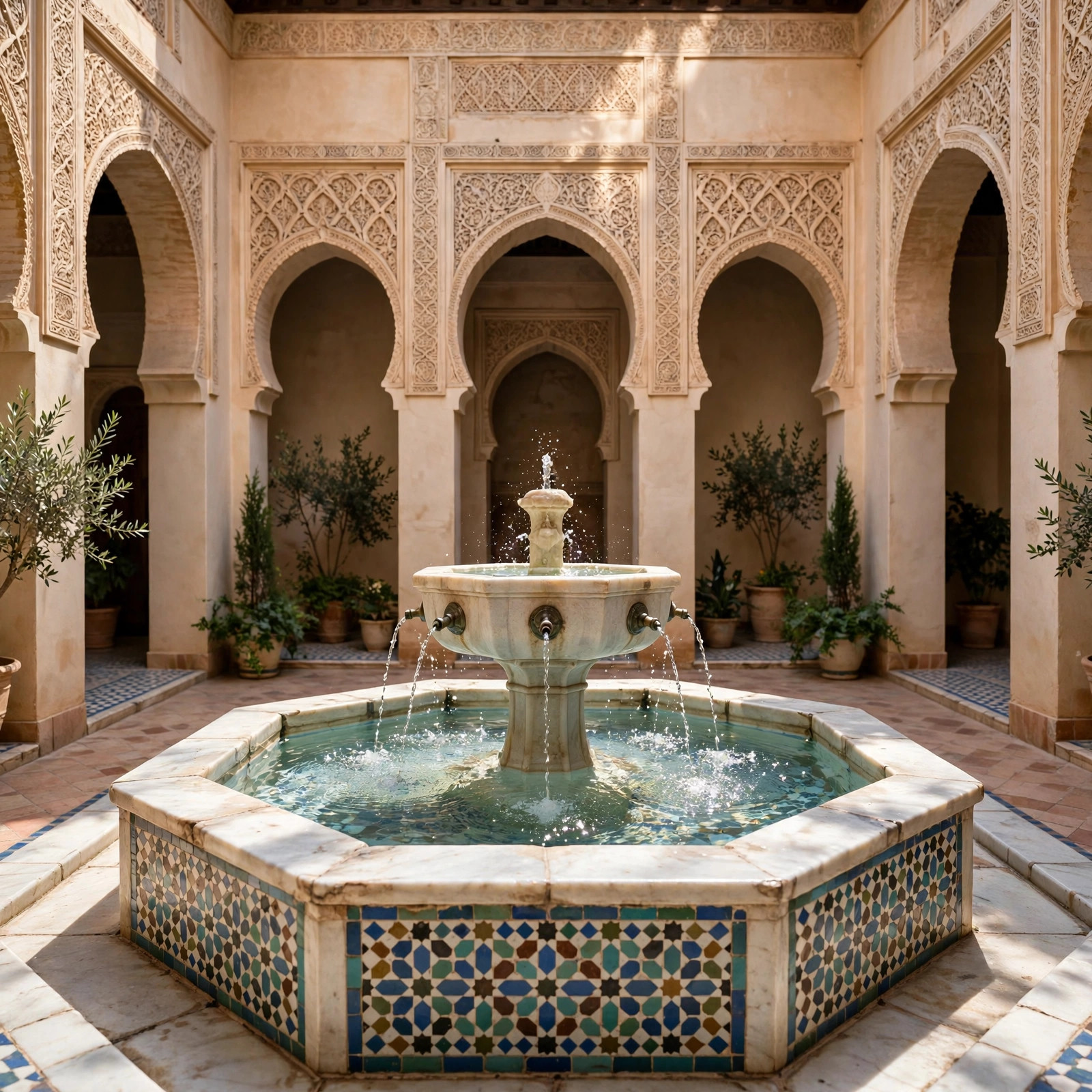 Beautiful courtyard ablution fountain surrounded by horseshoe arches in Andalusian style