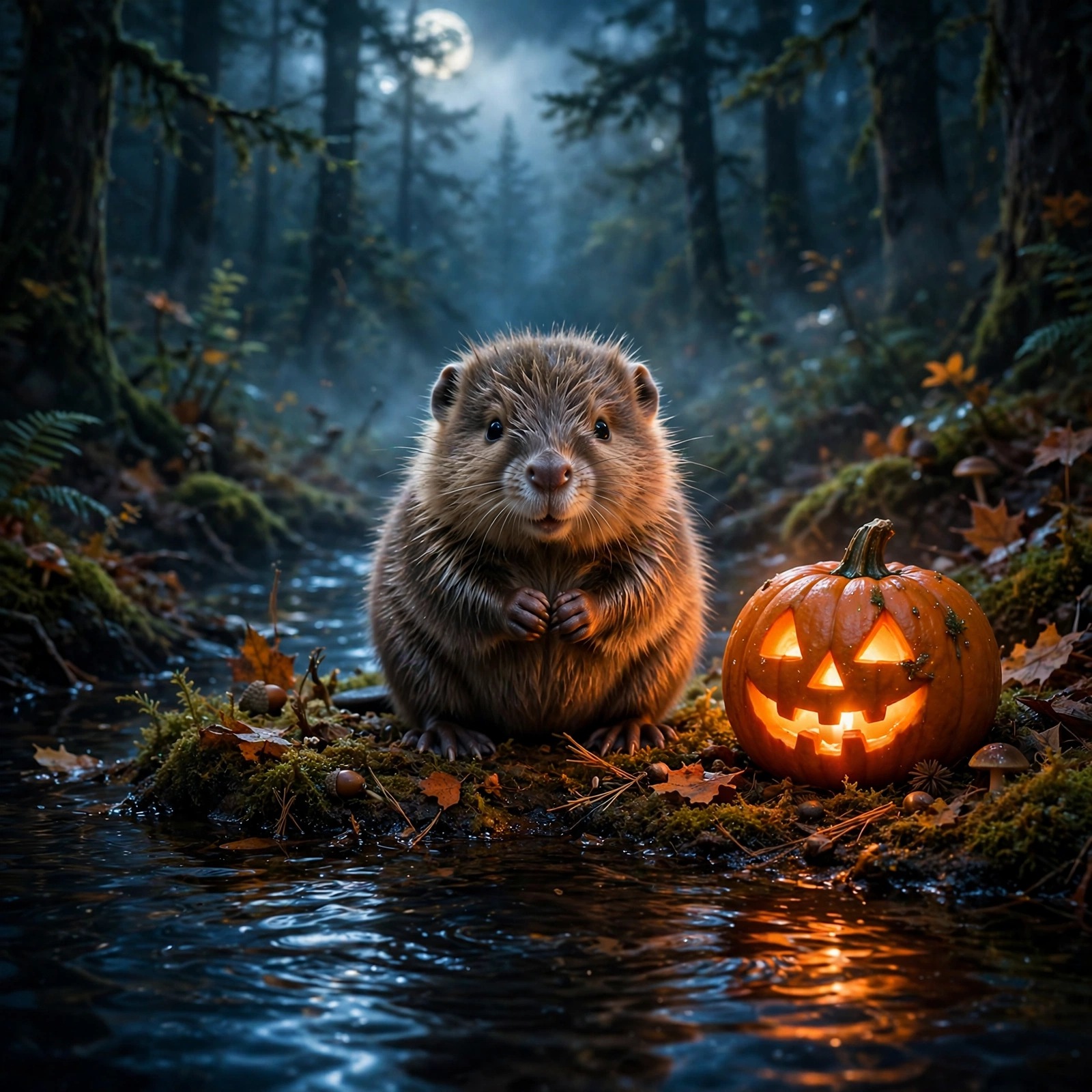 Baby Beaver by a Moonlit Jack-o'-Lantern Pond, cute animal DP for WhatsApp profile
