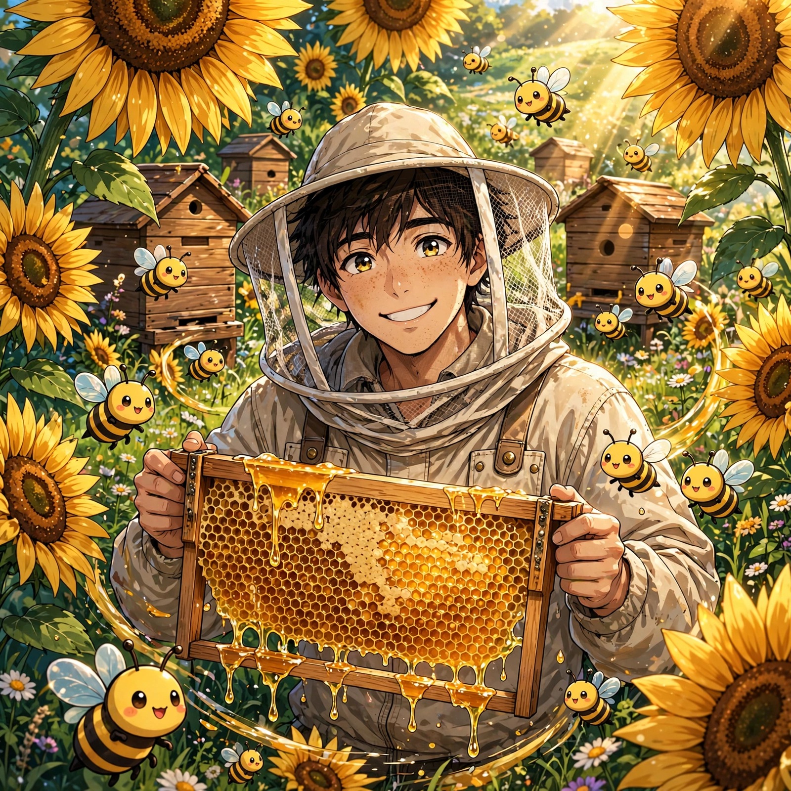 Anime beekeeper boy holding dripping honey frame among sunflowers and bees, anime profile picture