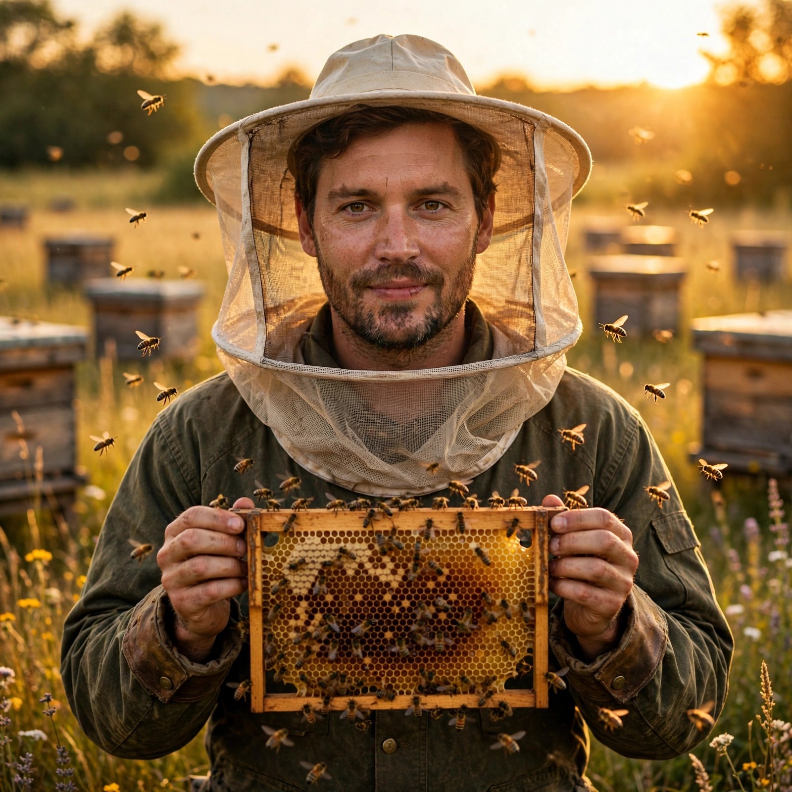 Beekeeper holding honeycomb frame with bees in golden meadow, boys profile picture DP