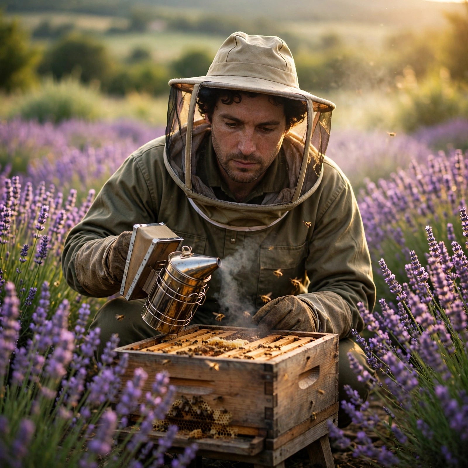 Beekeeper Among Lavender Hives