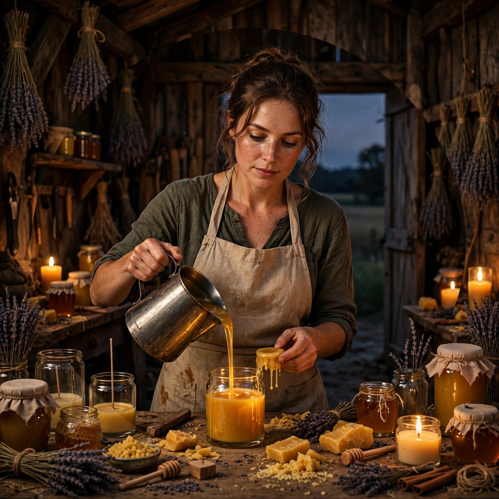 Woman candle maker pouring beeswax candles in barn workshop at dusk, WhatsApp DP