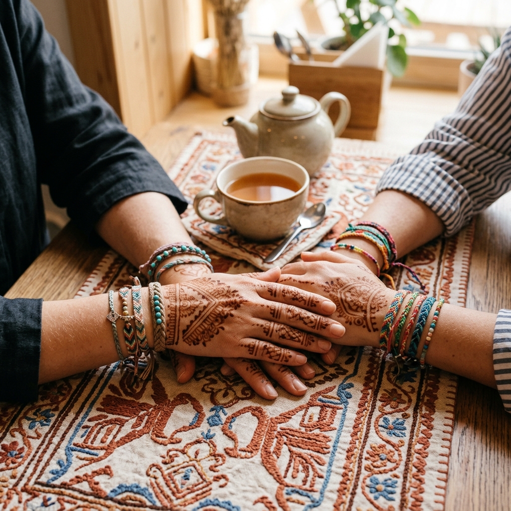 Henna-decorated hands and friendship bracelets rest beside tea on an embroidered cloth