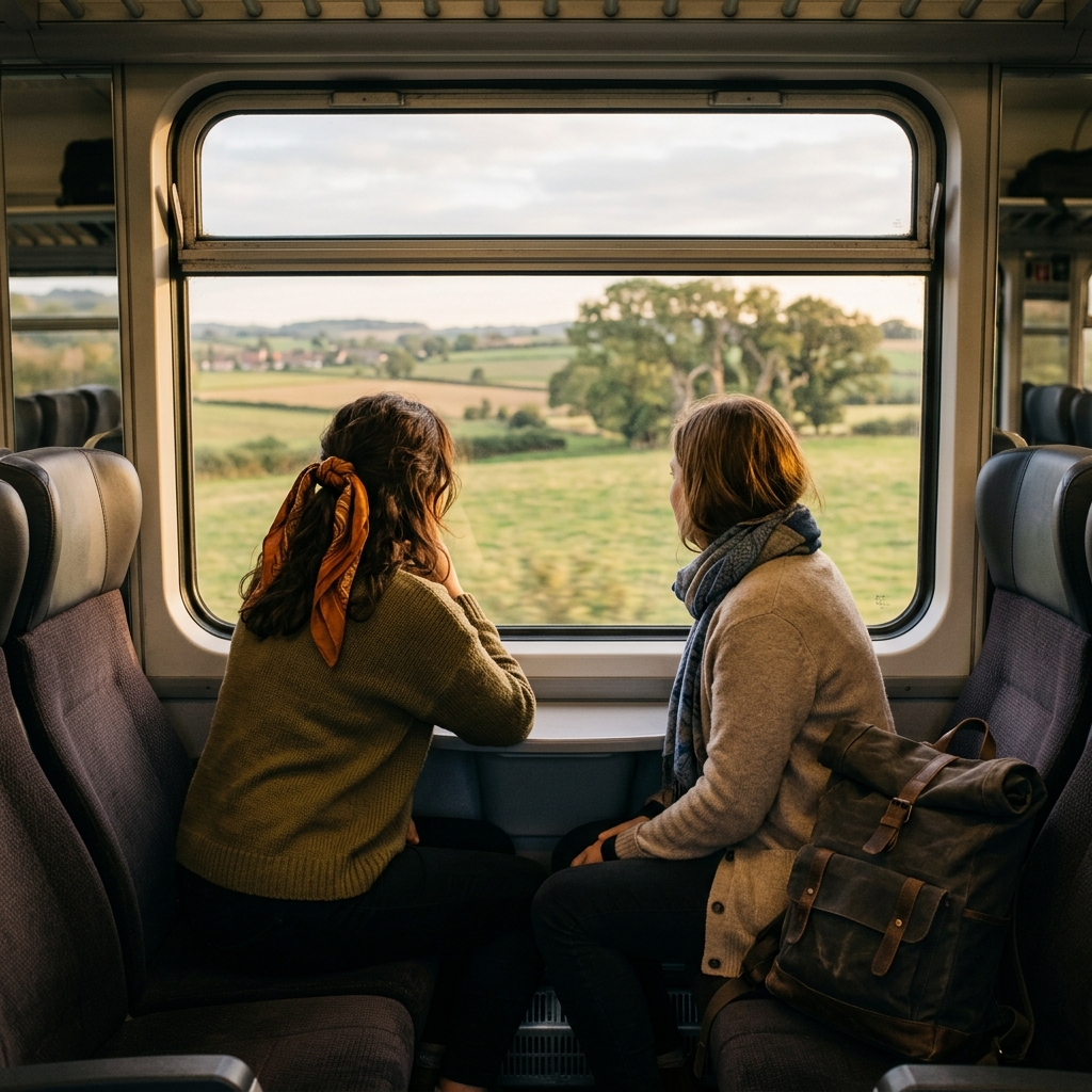 Two friends sit by a train window overlooking green countryside