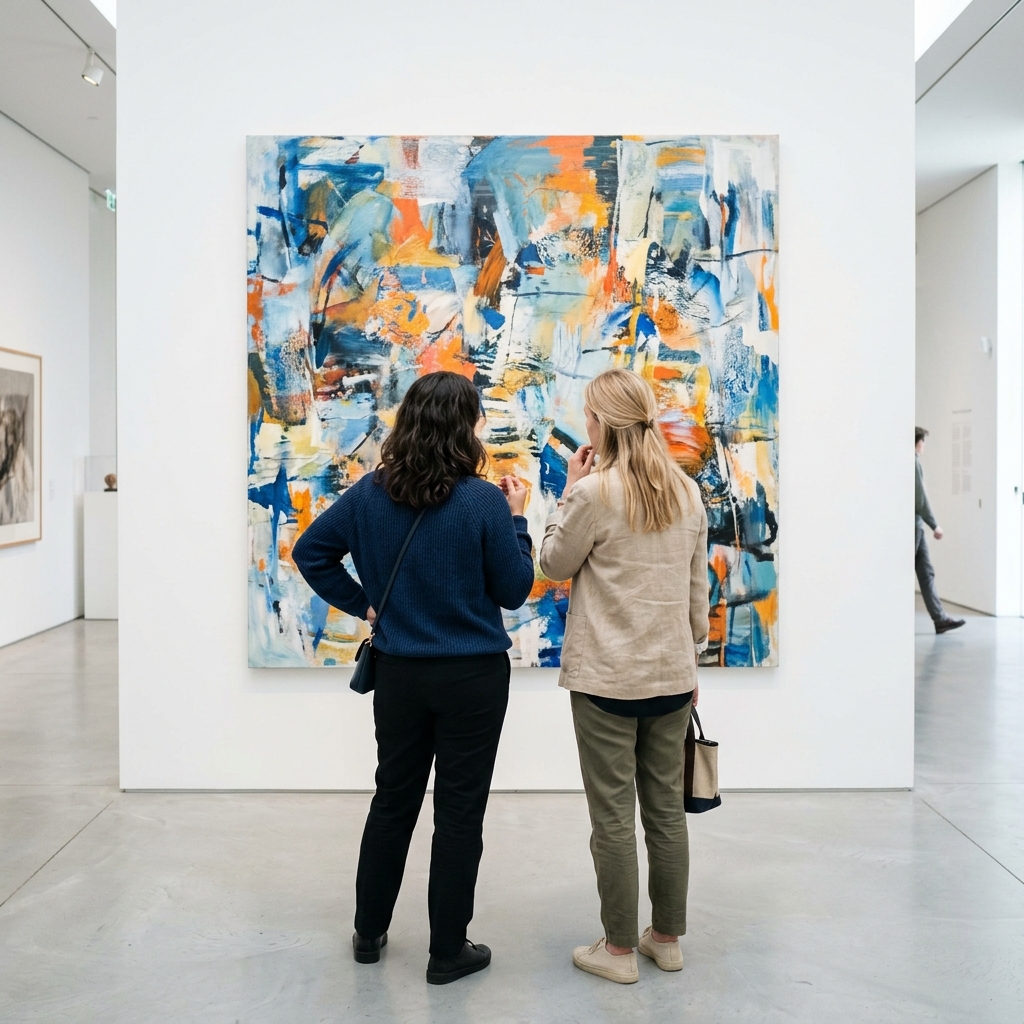 Two friends view a colorful abstract painting in a bright museum gallery