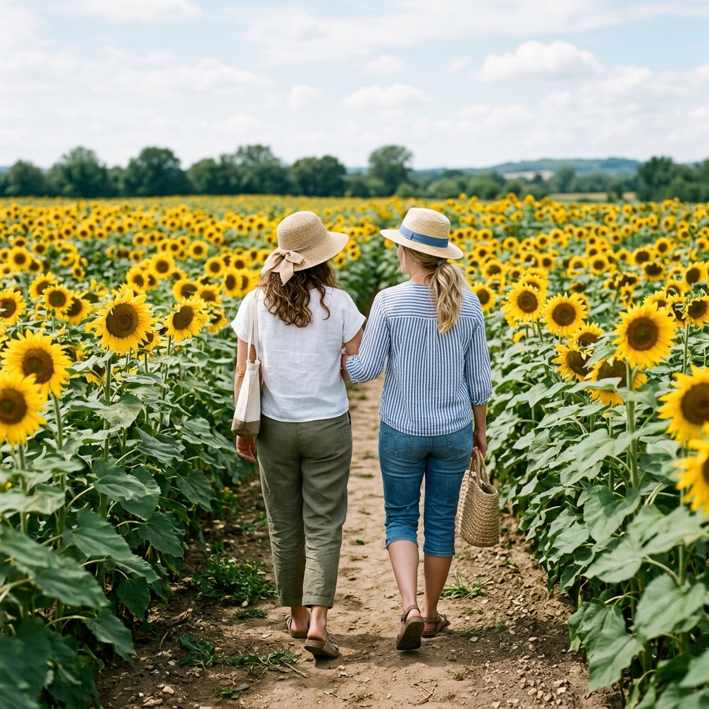 Two friends in summer hats walk through a bright sunflower field