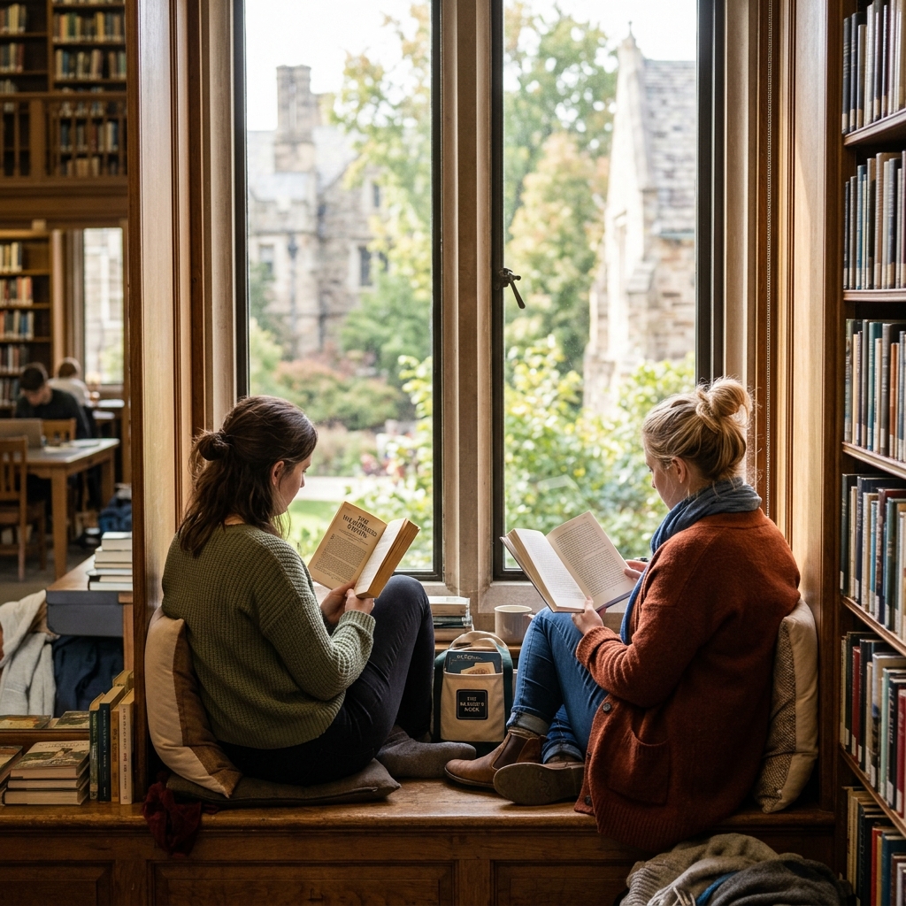 Two friends read separate books on a library window seat