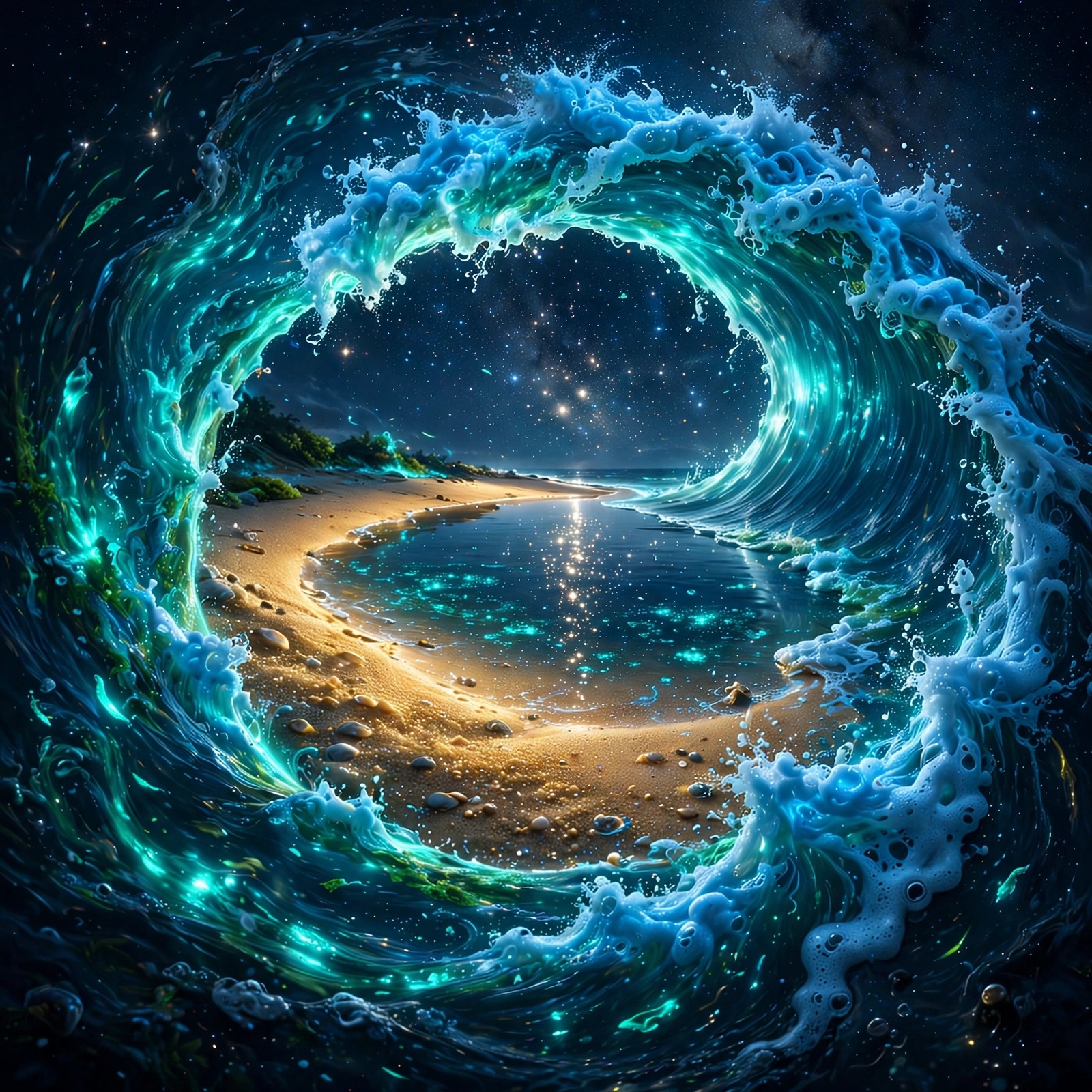 Bioluminescent teal wave curling over golden sand beach at night