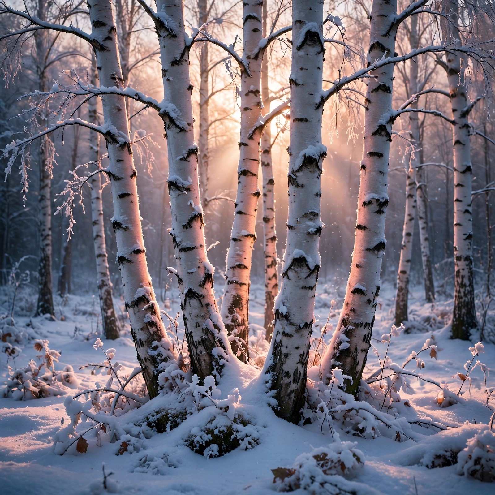 Birch forest in snow at dawn DP