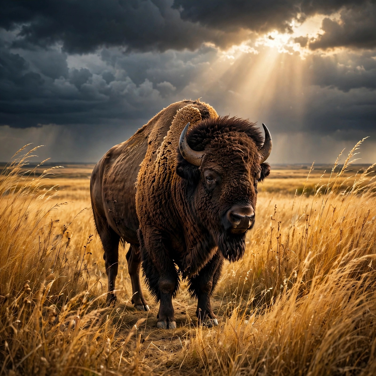 Bison in Golden Prairie Storm