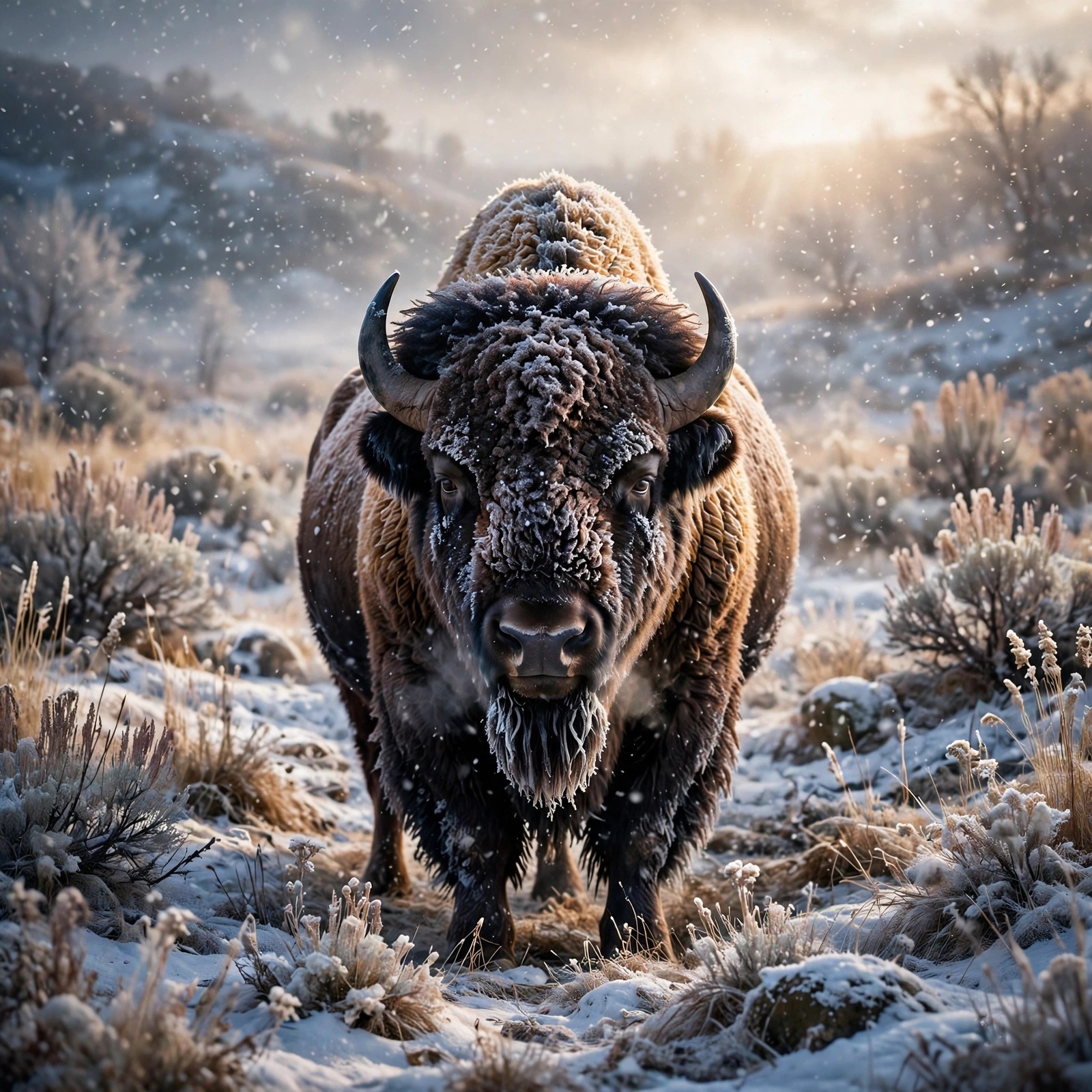 Bison standing on a snowy prairie in falling snow