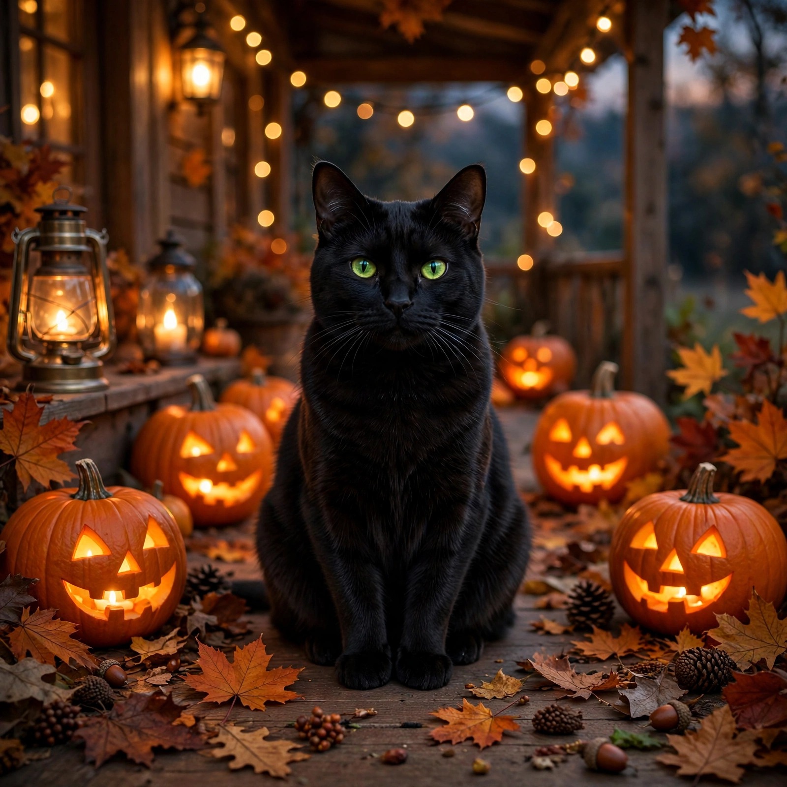 Black cat with green eyes among glowing pumpkins on a porch at dusk