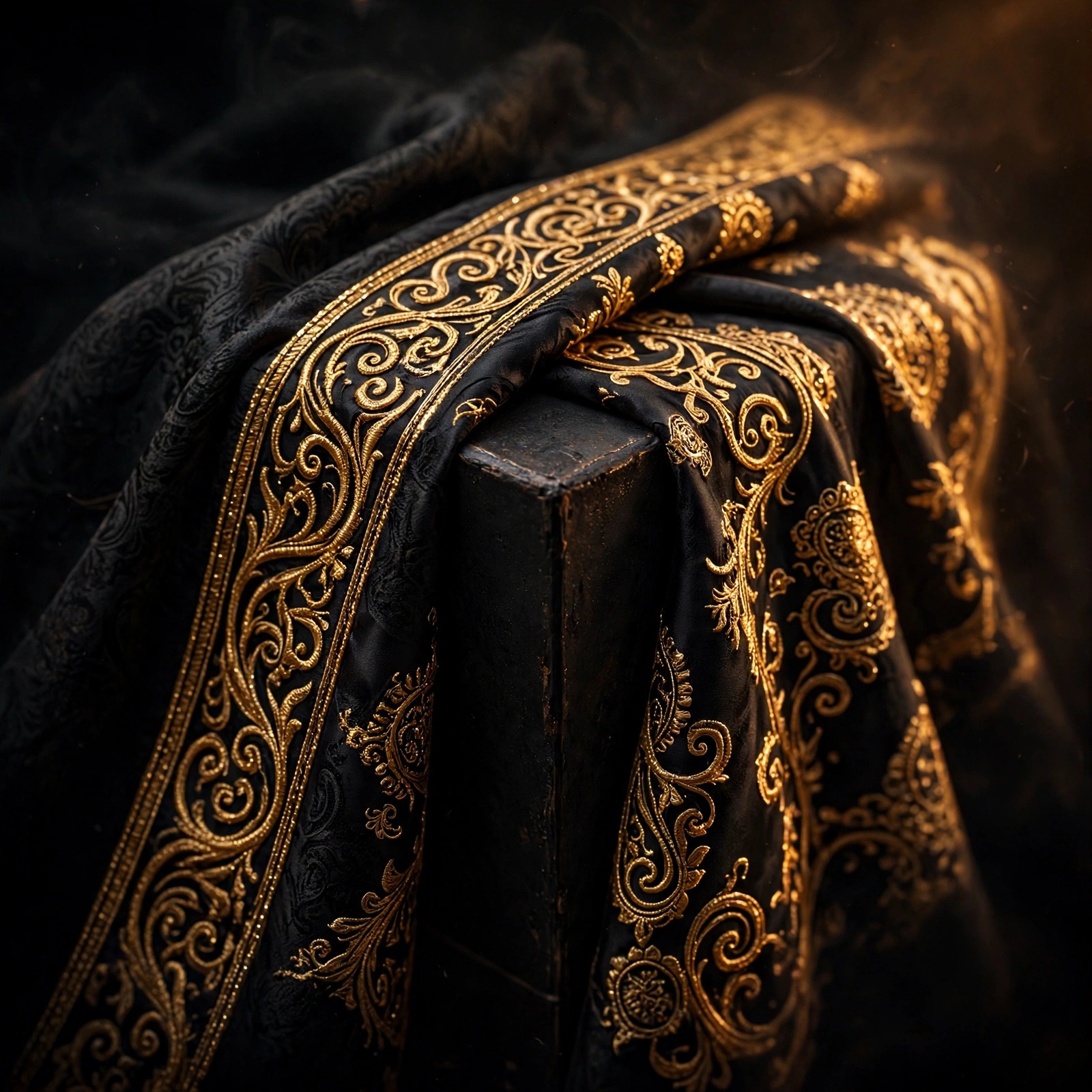 Close macro of a sacred black cube corner draped in silk brocade with lavish gold-thread arabesque embroidery glowing under warm light