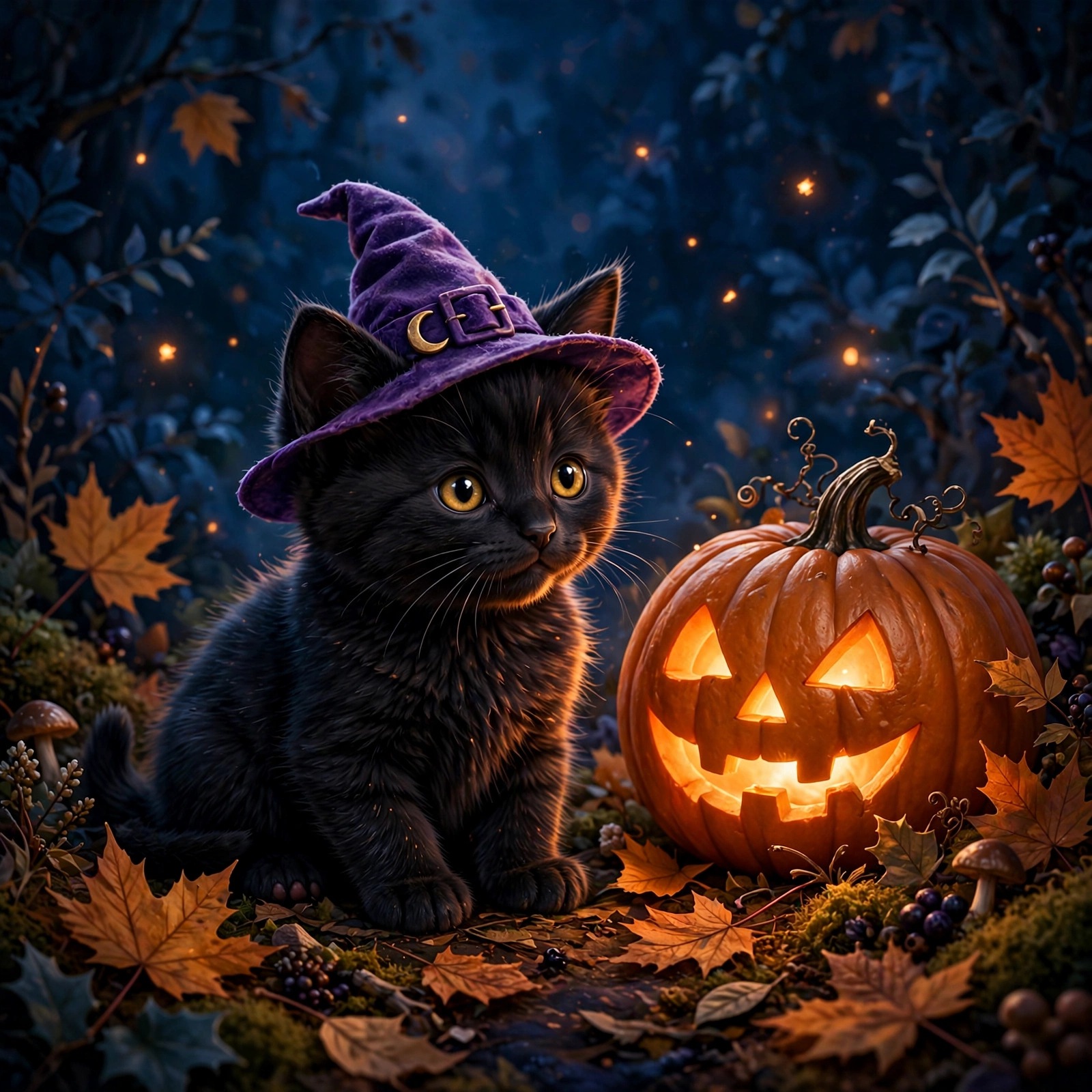 tiny black kitten in a purple witch hat beside a glowing jack-o-lantern