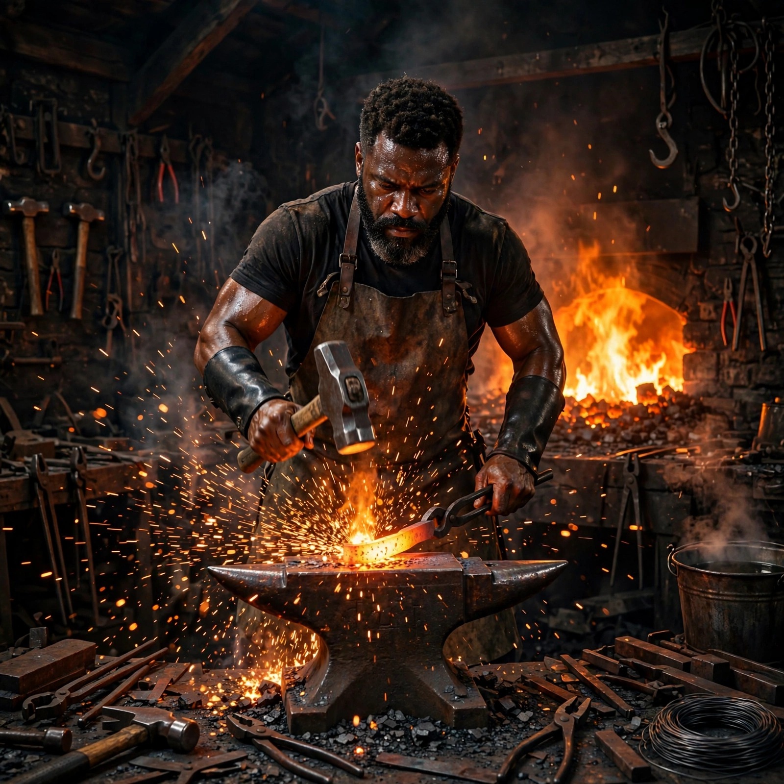 blacksmith hammering iron at glowing forge boys dp