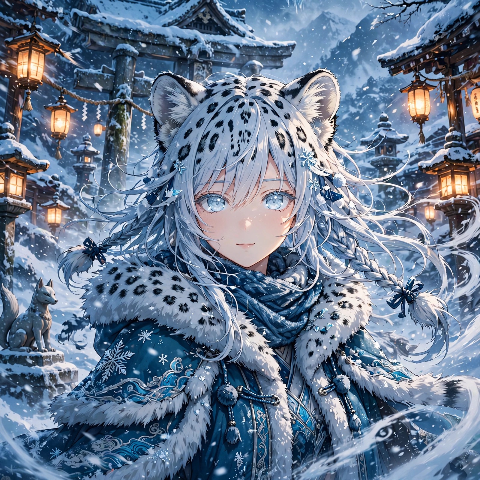 Anime snow leopard girl at snowy shrine in blizzard, anime WhatsApp DP