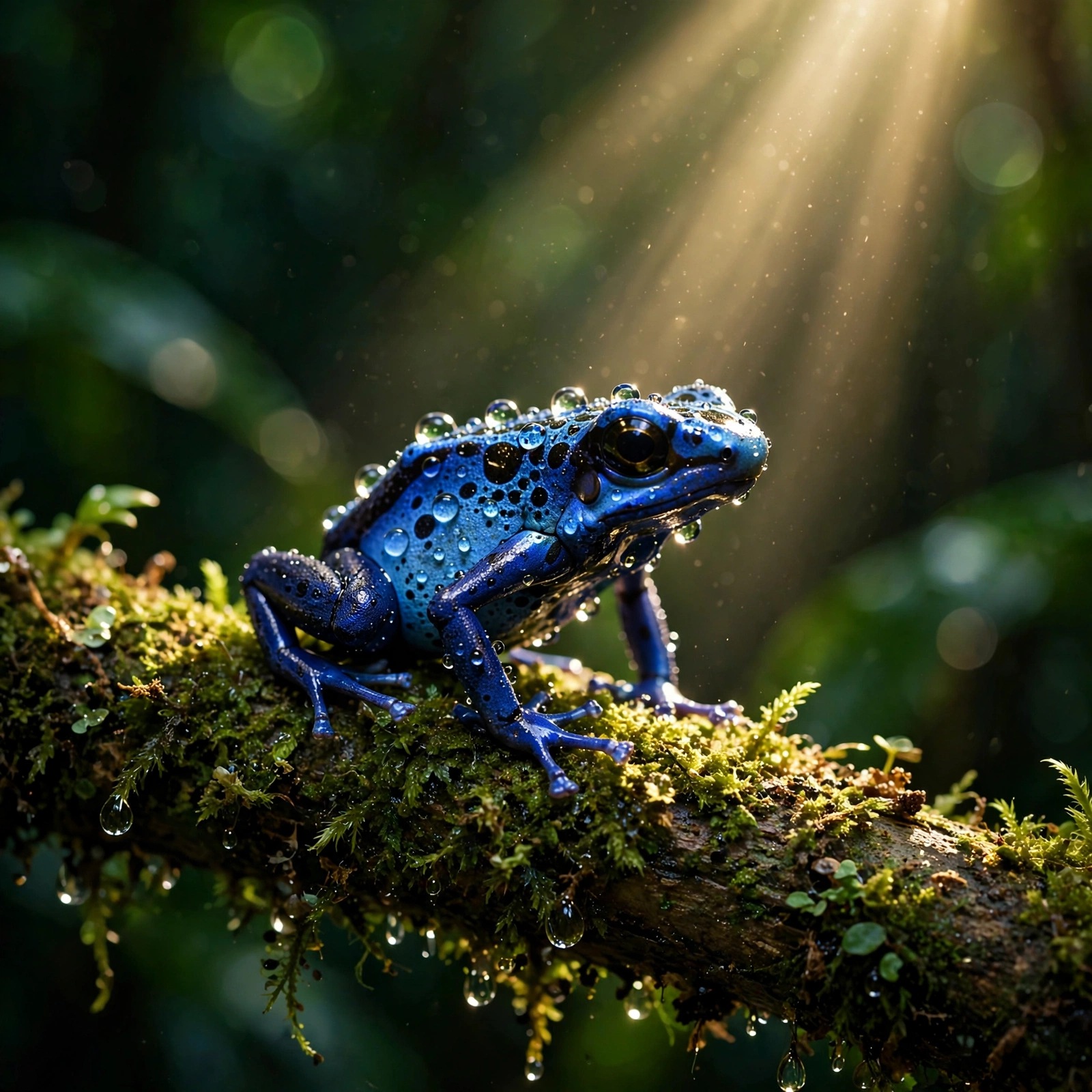 Blue poison dart frog with dew drops on moss