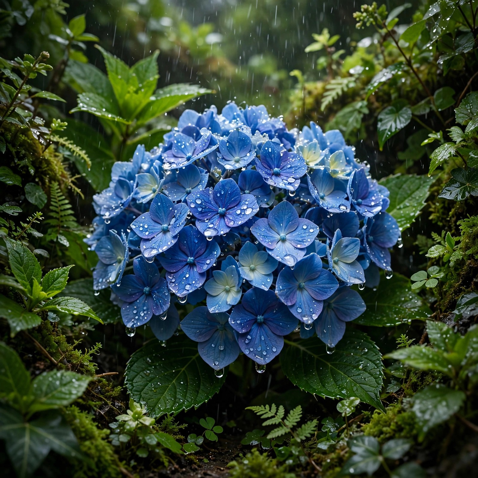 Blue hydrangea blooms beaded with rain drops in a garden