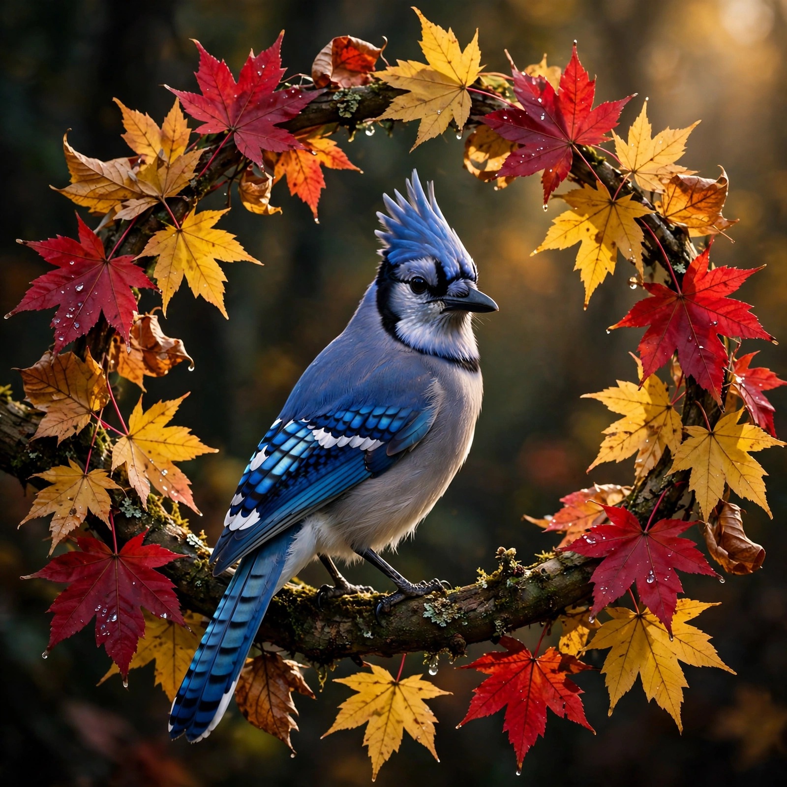 Blue jay with crest and barred wings perched among crimson and gold autumn maple leaves