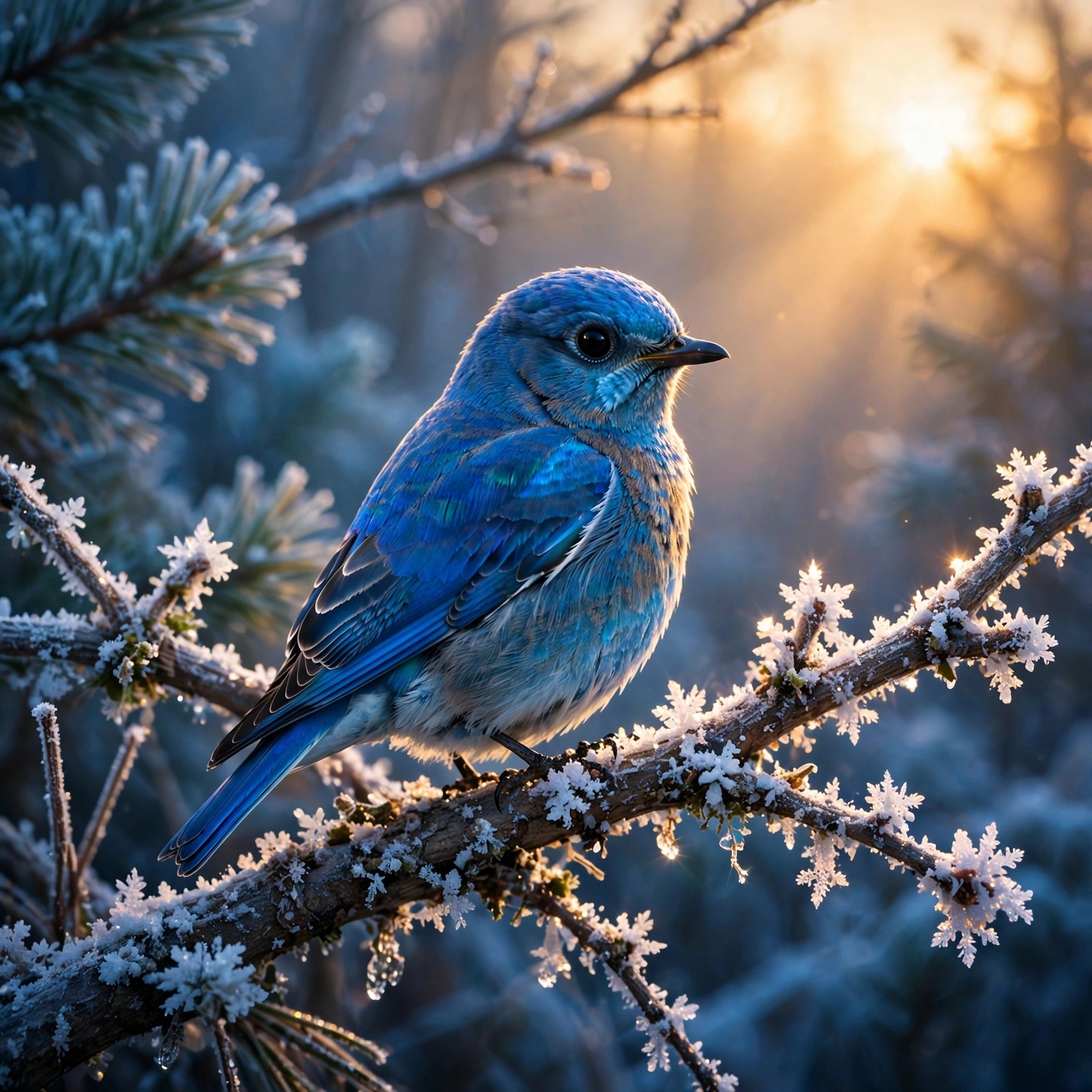 Bluebird with azure feathers on a frost-covered branch at dawn