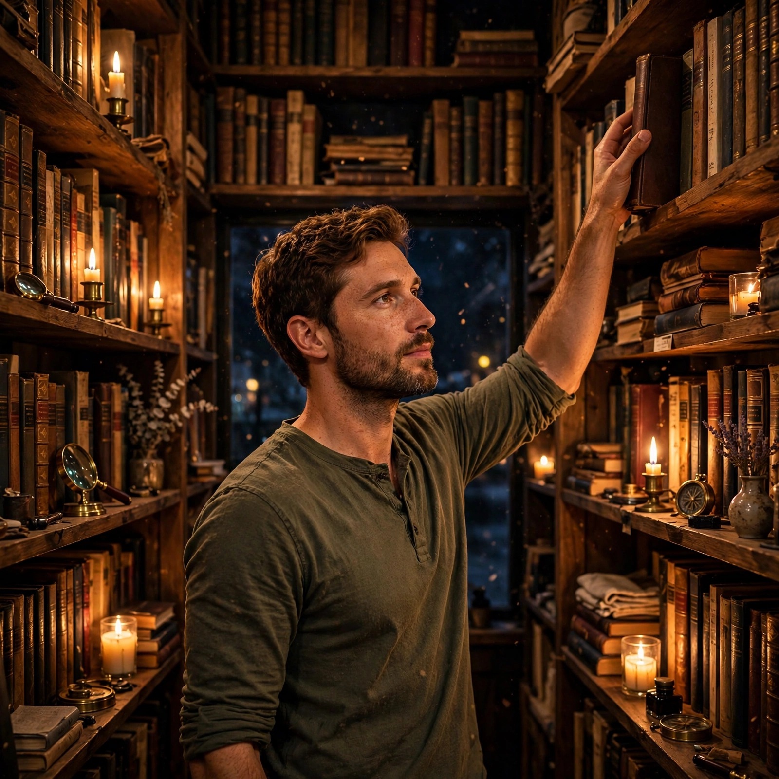 Fictional young man shelving books in a candlelit bookshop at night, boys WhatsApp DP