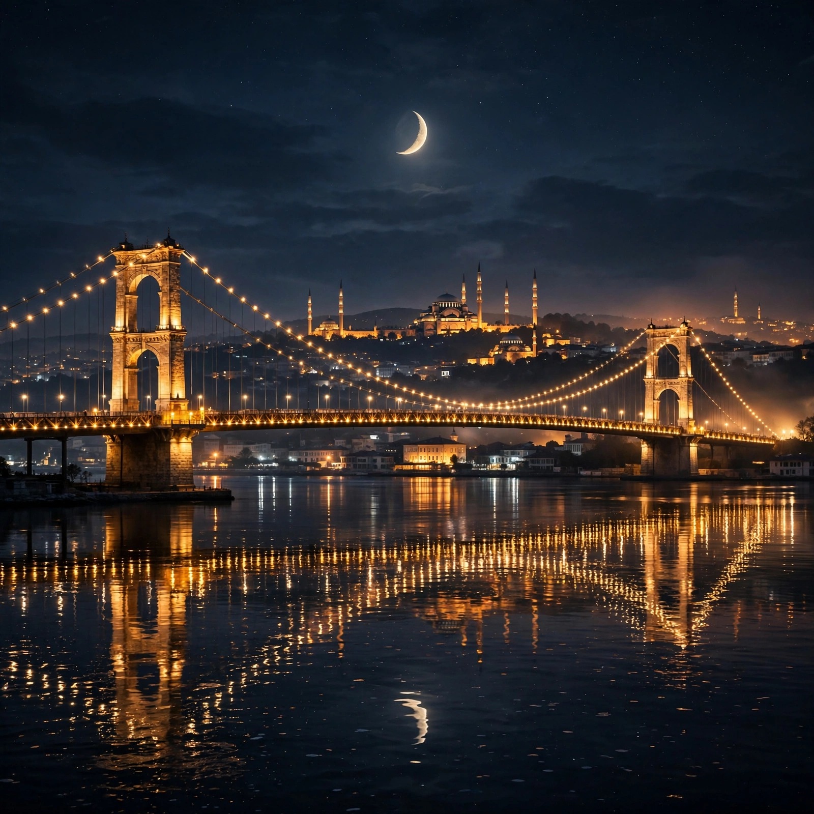 Illuminated bridge under a crescent moon with minaret skyline, Islamic night DP