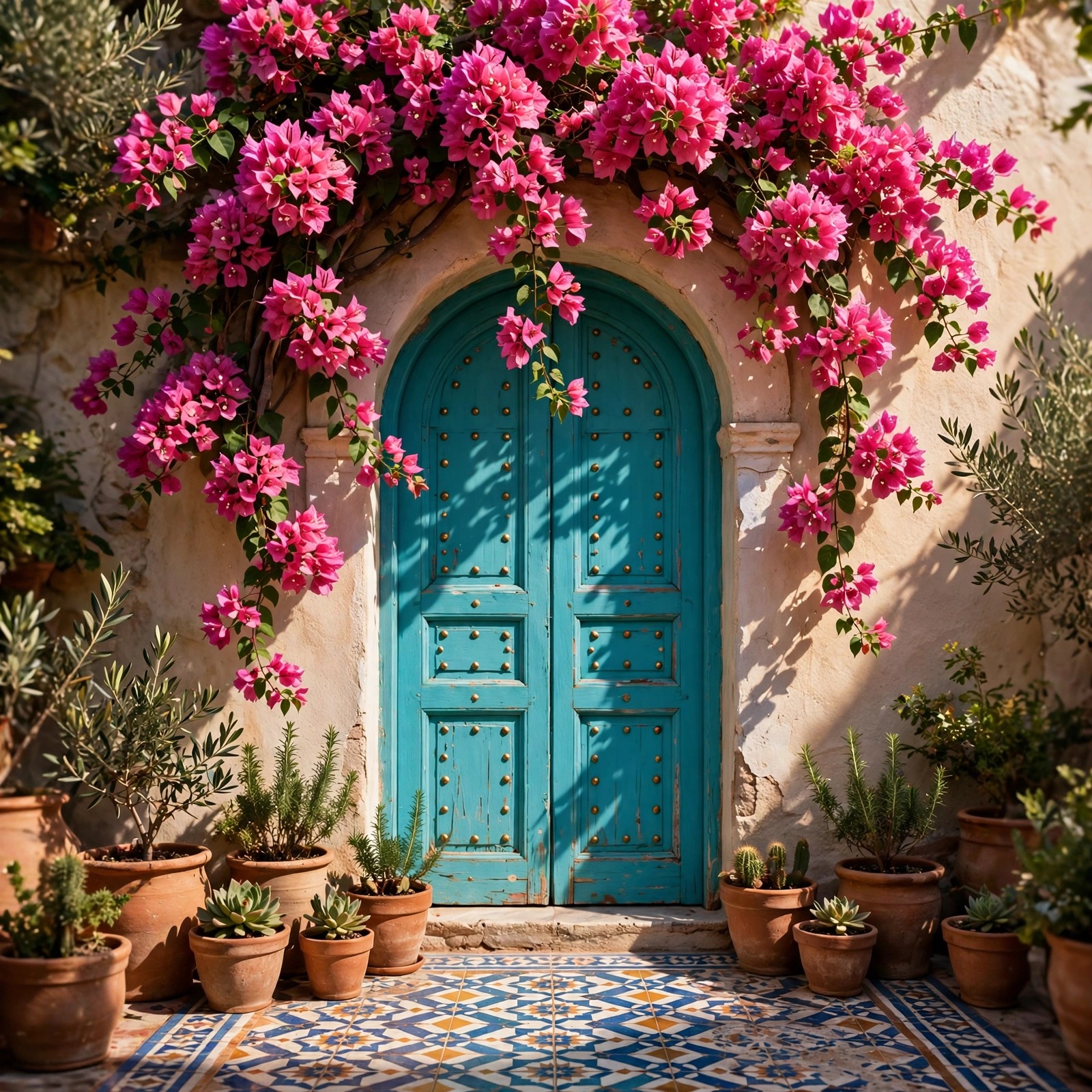 Bougainvillea Turquoise Door Courtyard