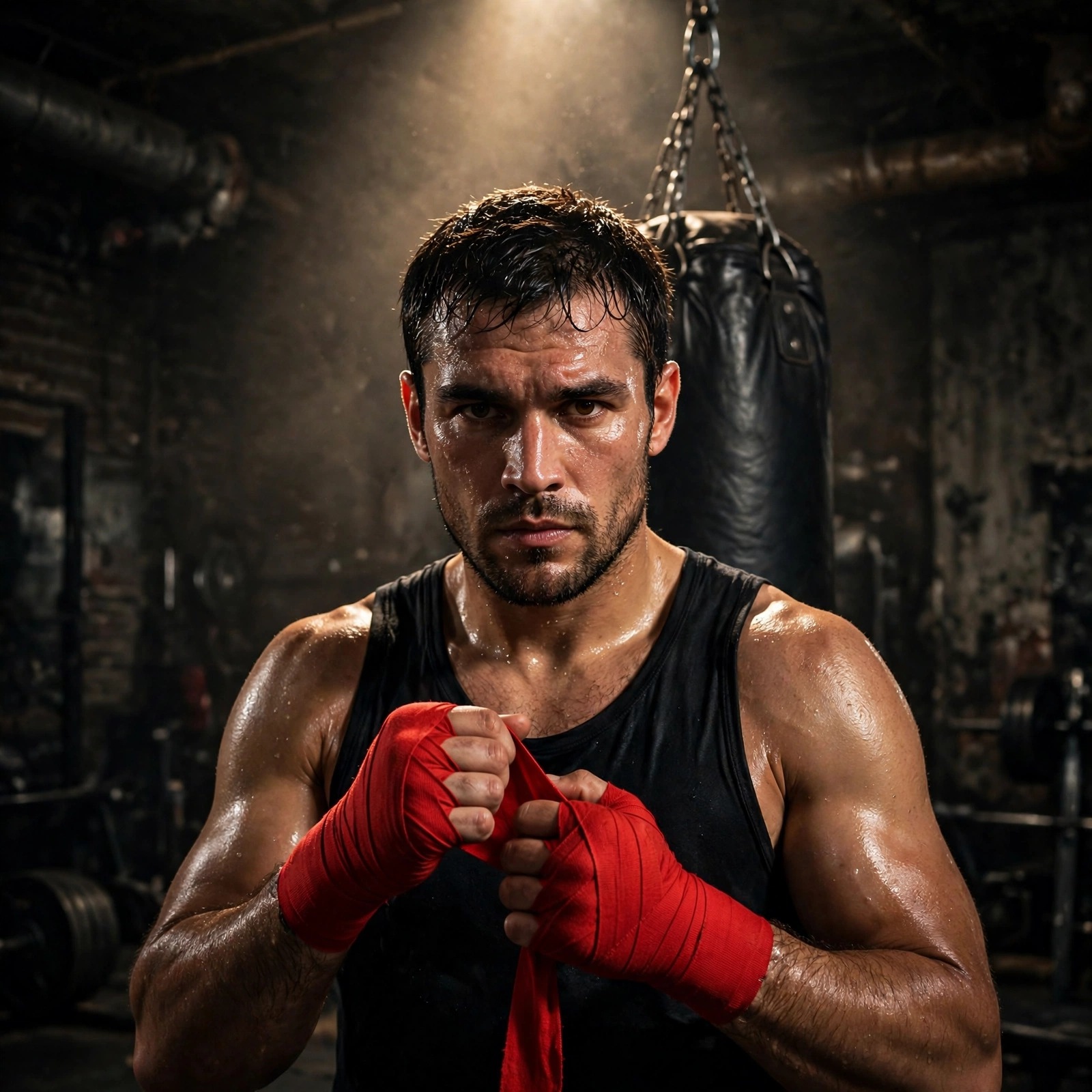 Boxer wrapping hands with red handwraps in dark gym, boys profile picture DP