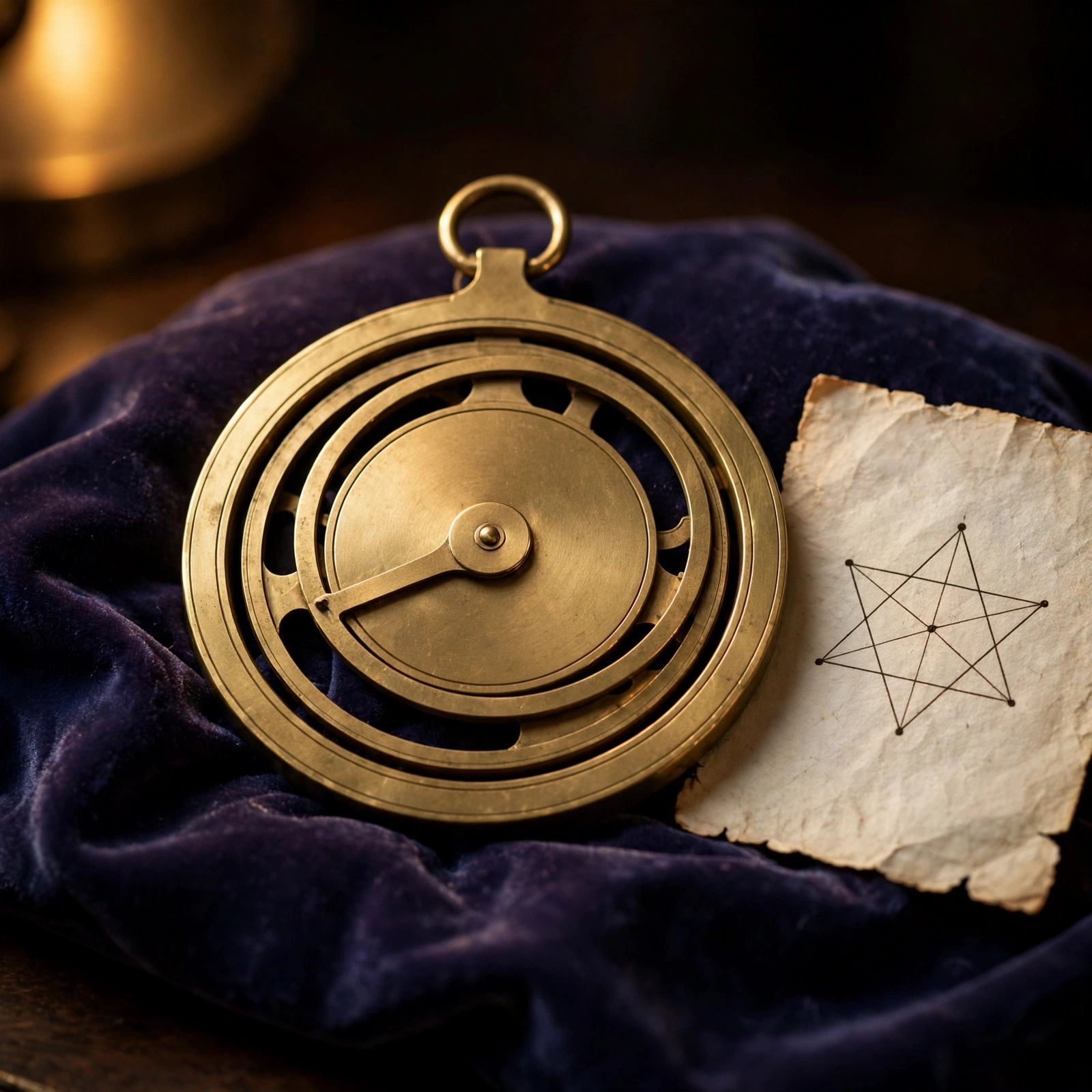 Brass astrolabe resting on a velvet cushion with star charts