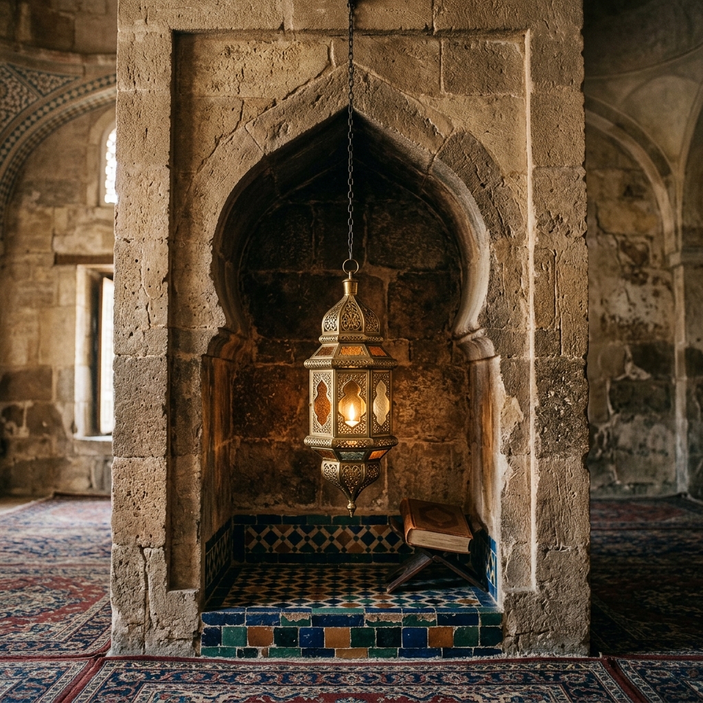 An ornate brass lantern glows inside a plain pointed stone niche