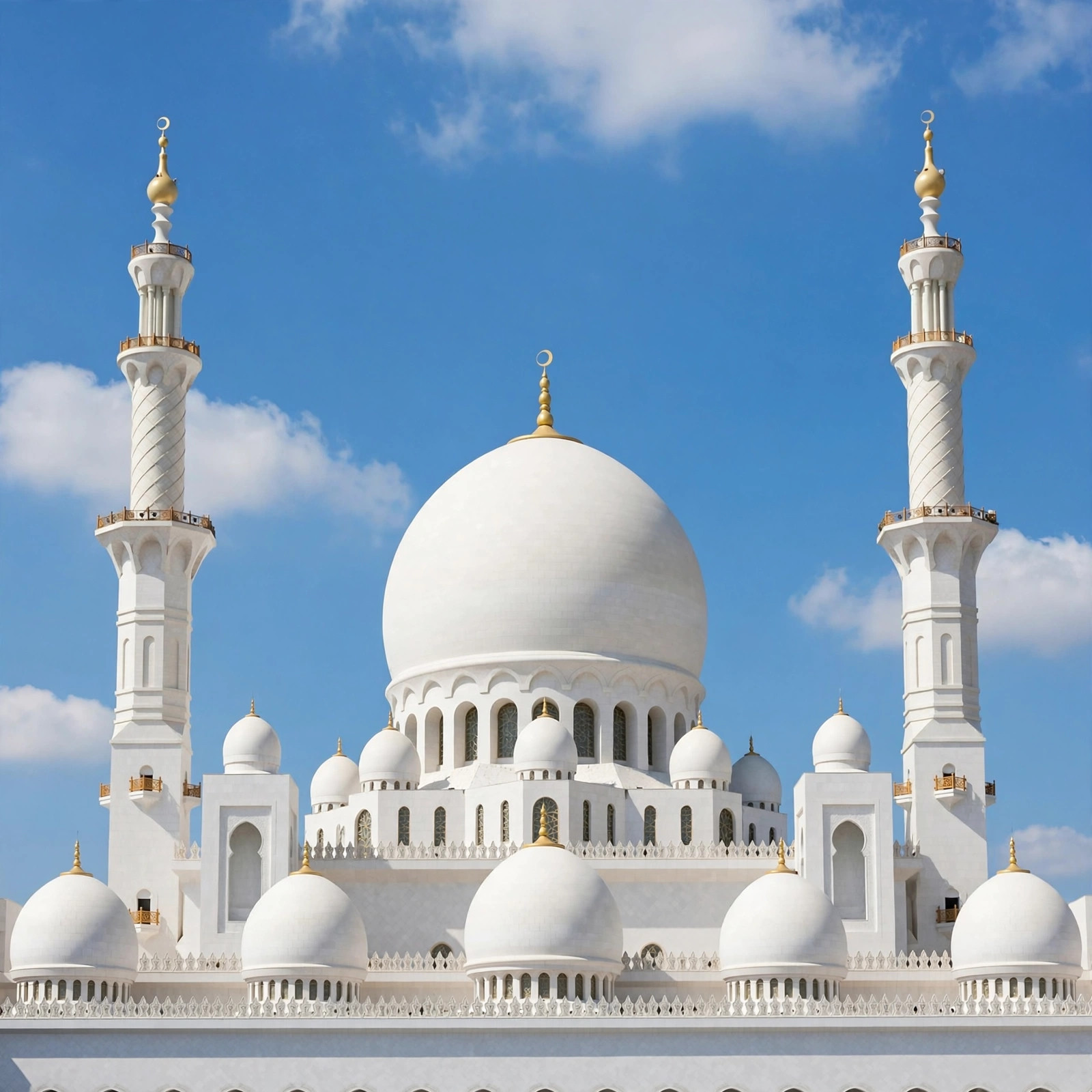 Brilliant white mosque domes against a clear vivid blue sky with a few clouds