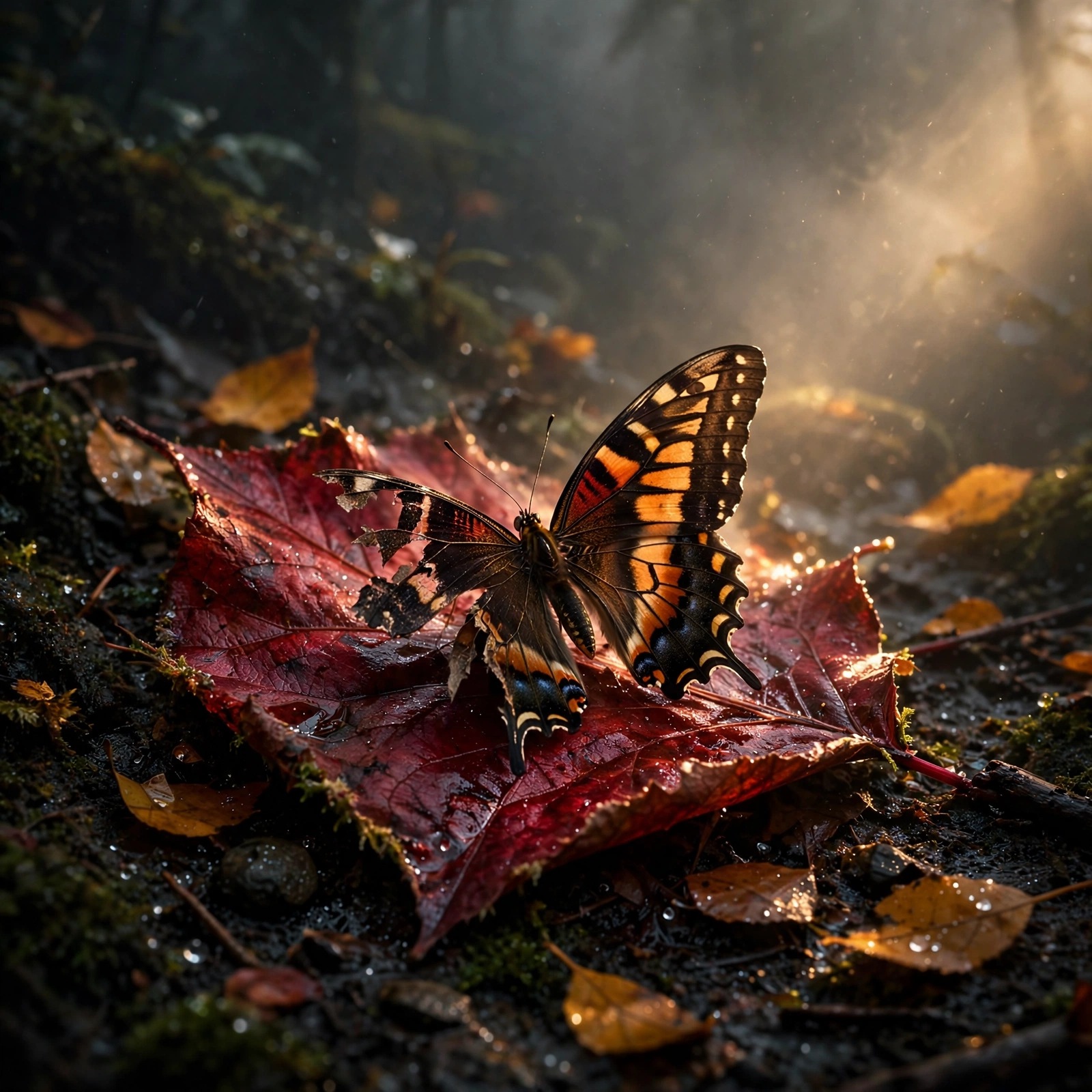 Butterfly with torn wing resting on a fallen crimson autumn leaf in the forest, sad DP