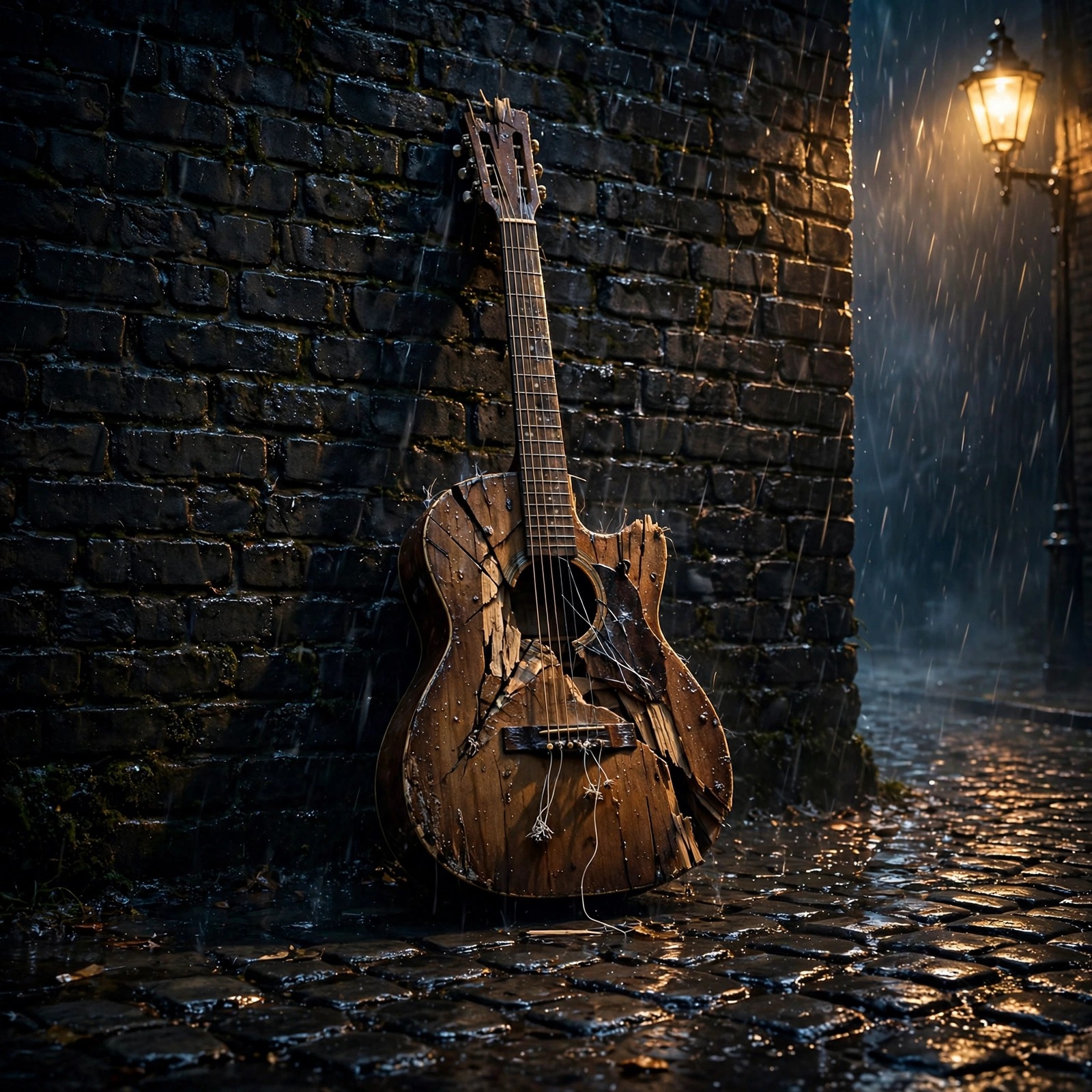 Broken acoustic guitar leaning against a rainy brick wall at night, sad DP
