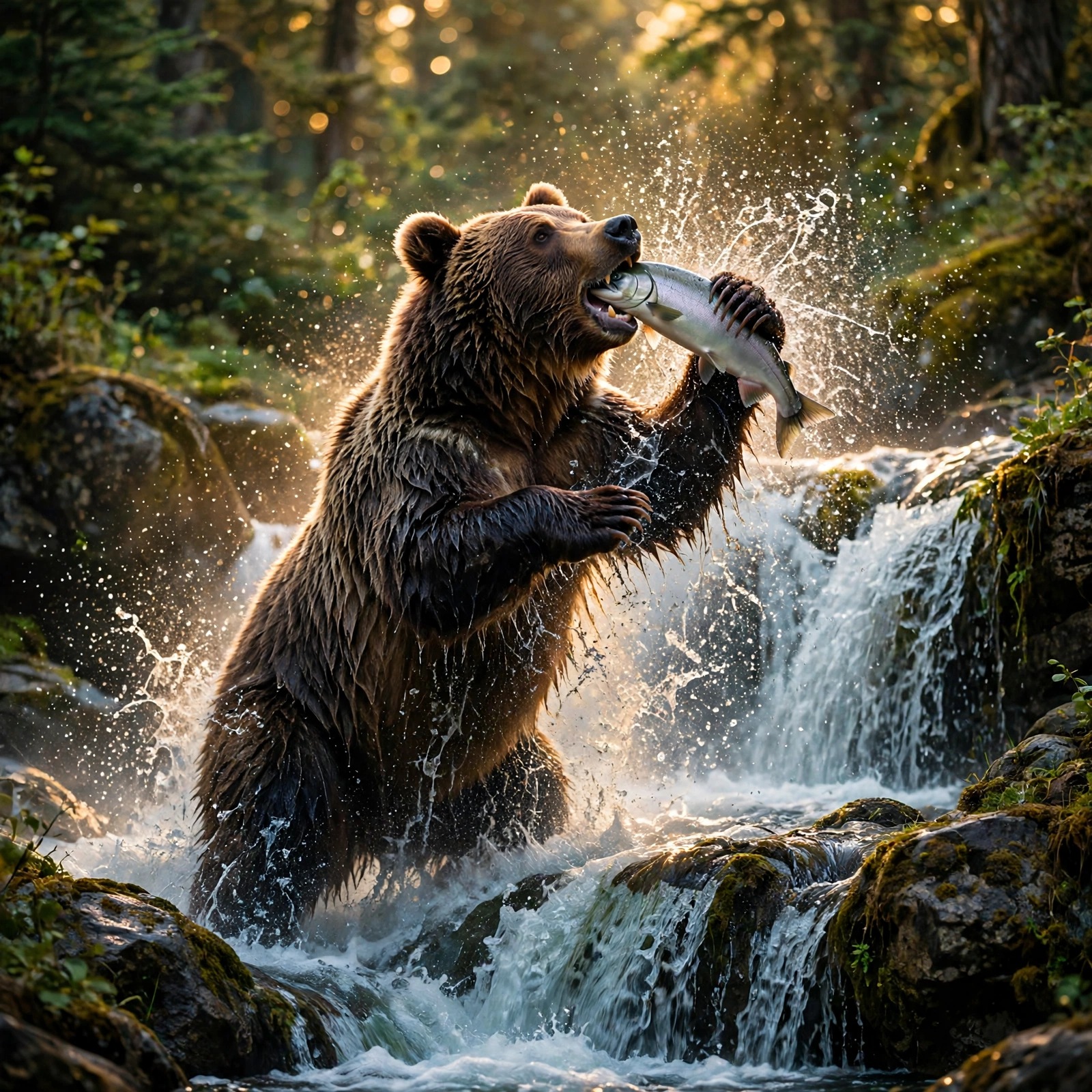 Grizzly bear catching a salmon at a waterfall in golden light